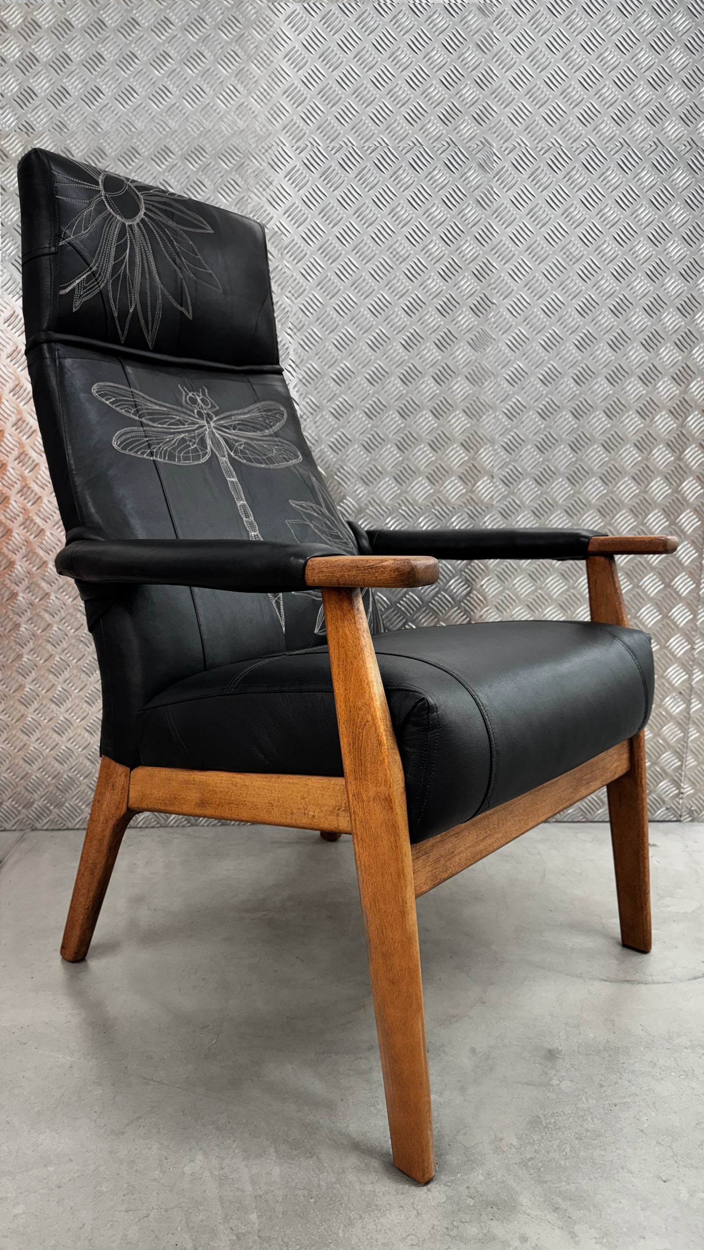 Parker Knoll- Black Leather-dragonfly and floral embroidery
