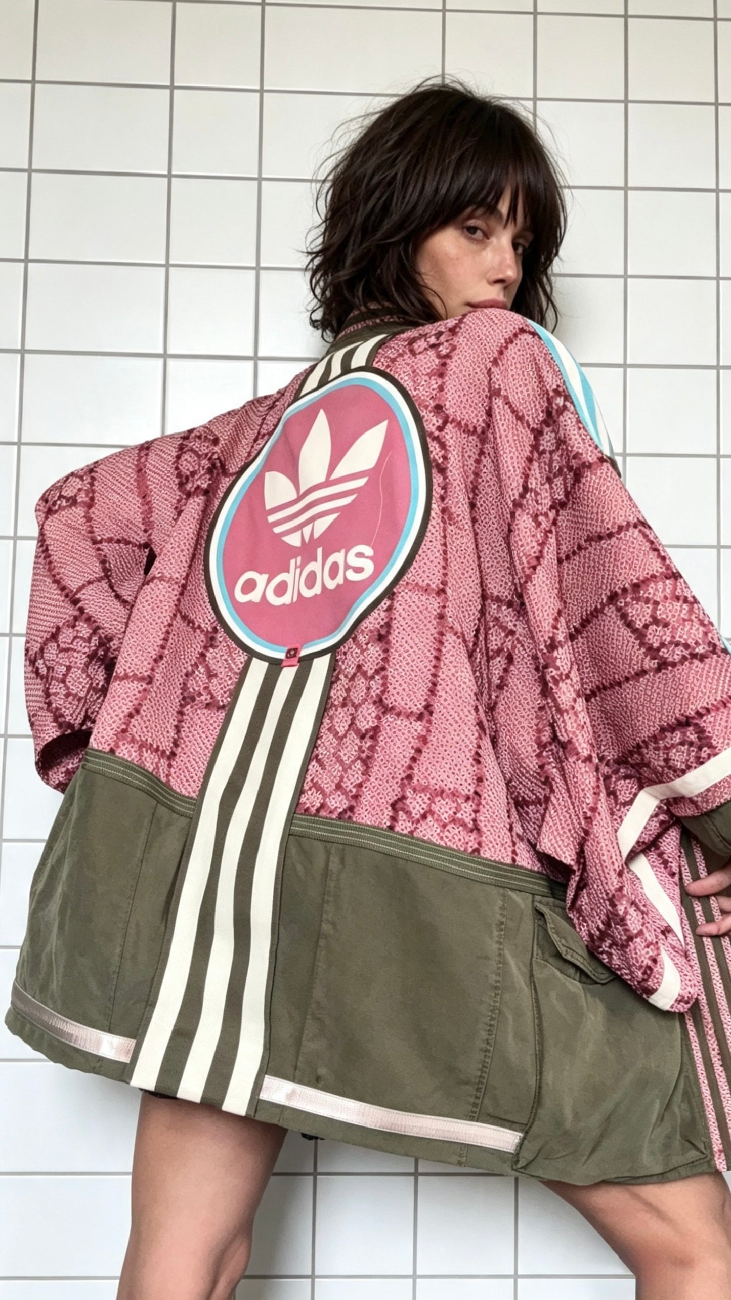 Dusky Pink Kimono with Olive green cargo pocket and blue stripeDusky Pink Textured Silk Kimono Cargo Jacket | Reworked Designer-Inspired Statement Piece