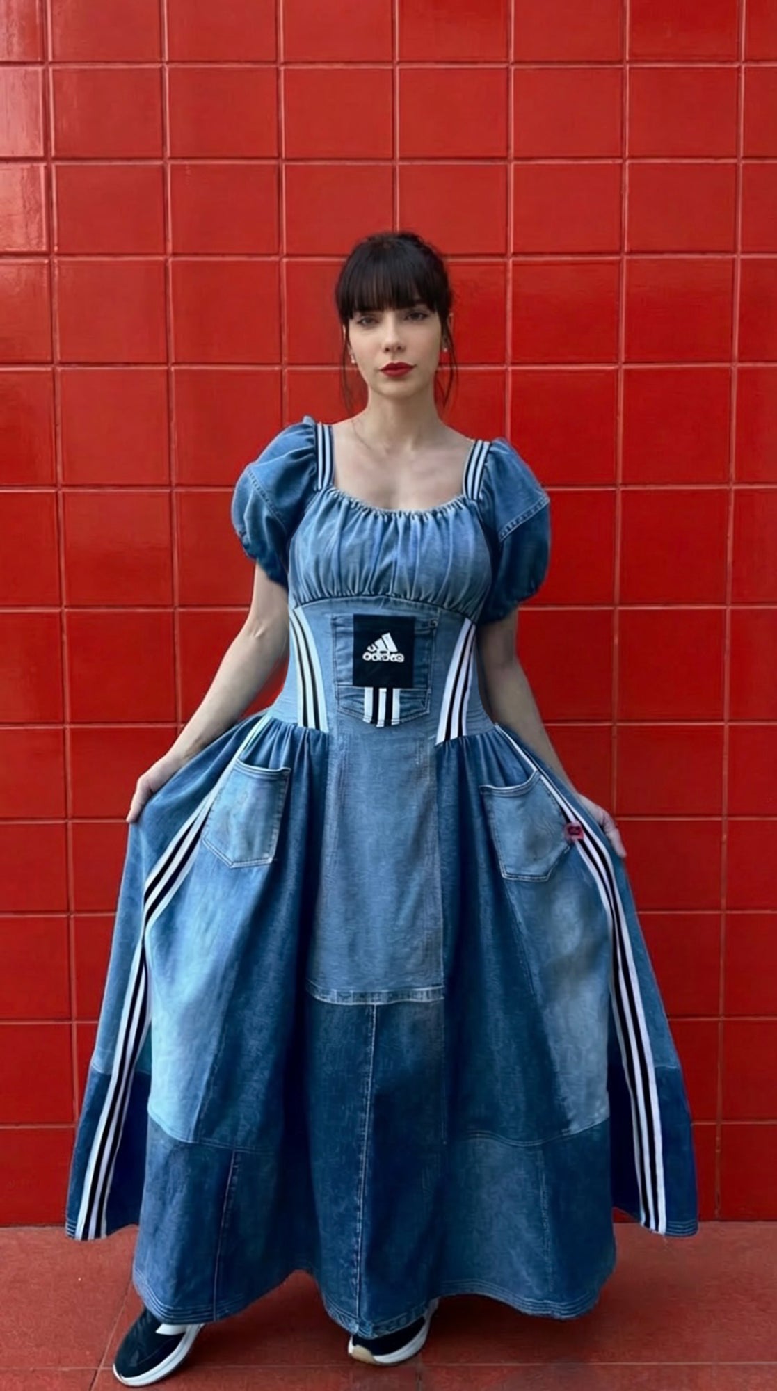 Reworked Adidas Denim Dress, Puff Sleeve Patchwork Dress, Upcycled Jeans Dress, 3 Stripe Detail, One of a Kind