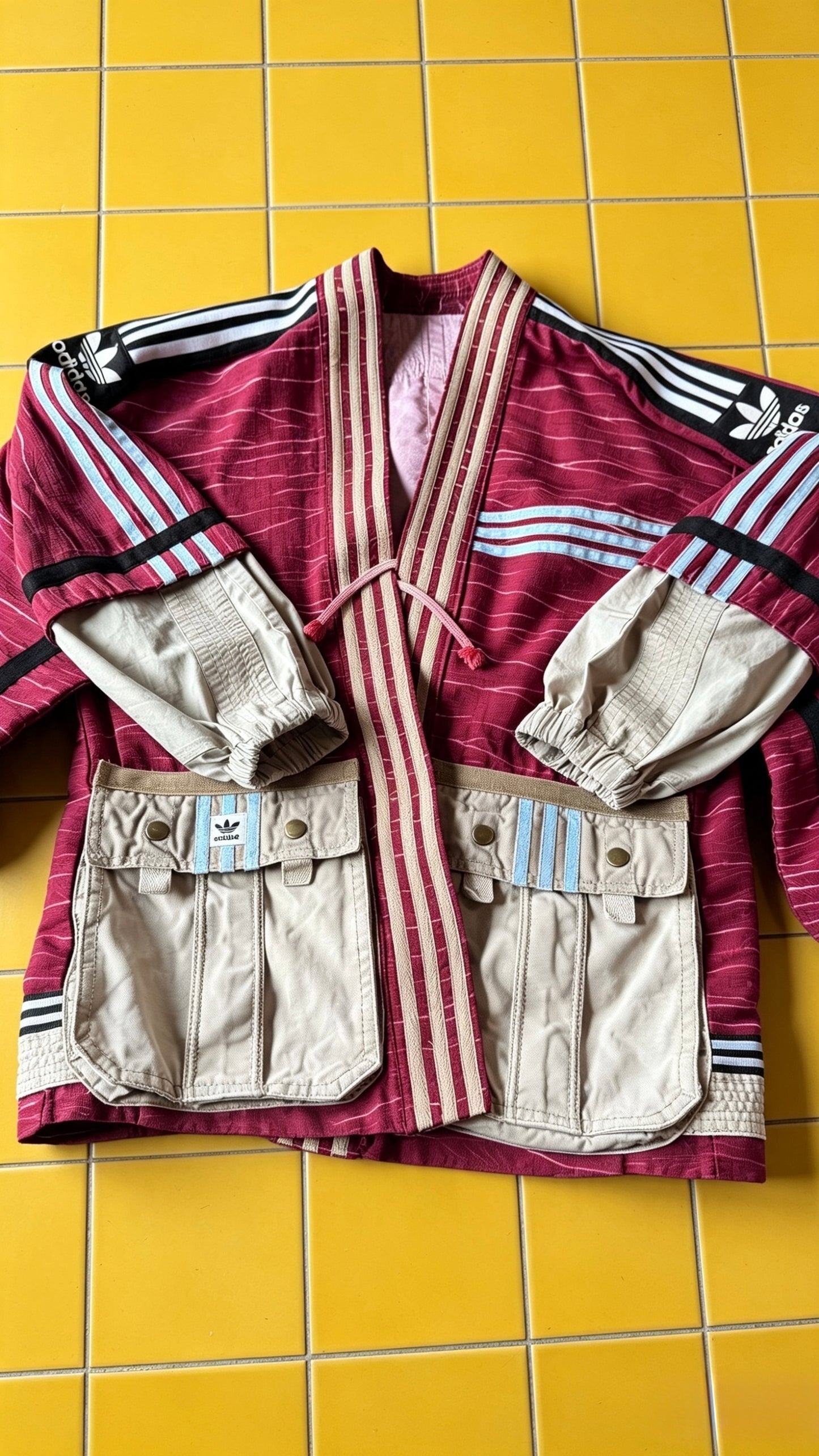 Deep Red Soft Washed Silk Kimono Cargo Jacket | Handmade Reworked Adidas Luxury Streetwear