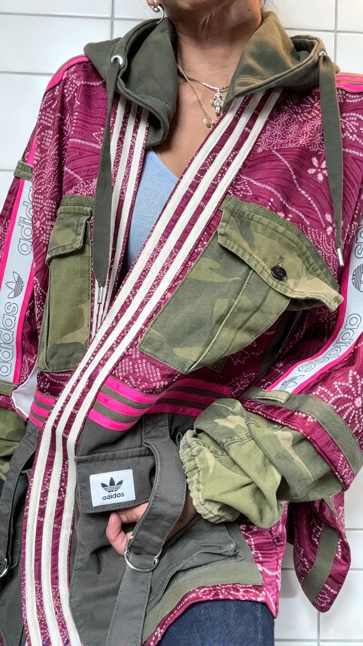Burgundy Kimono Adidas logo - khaki hooded