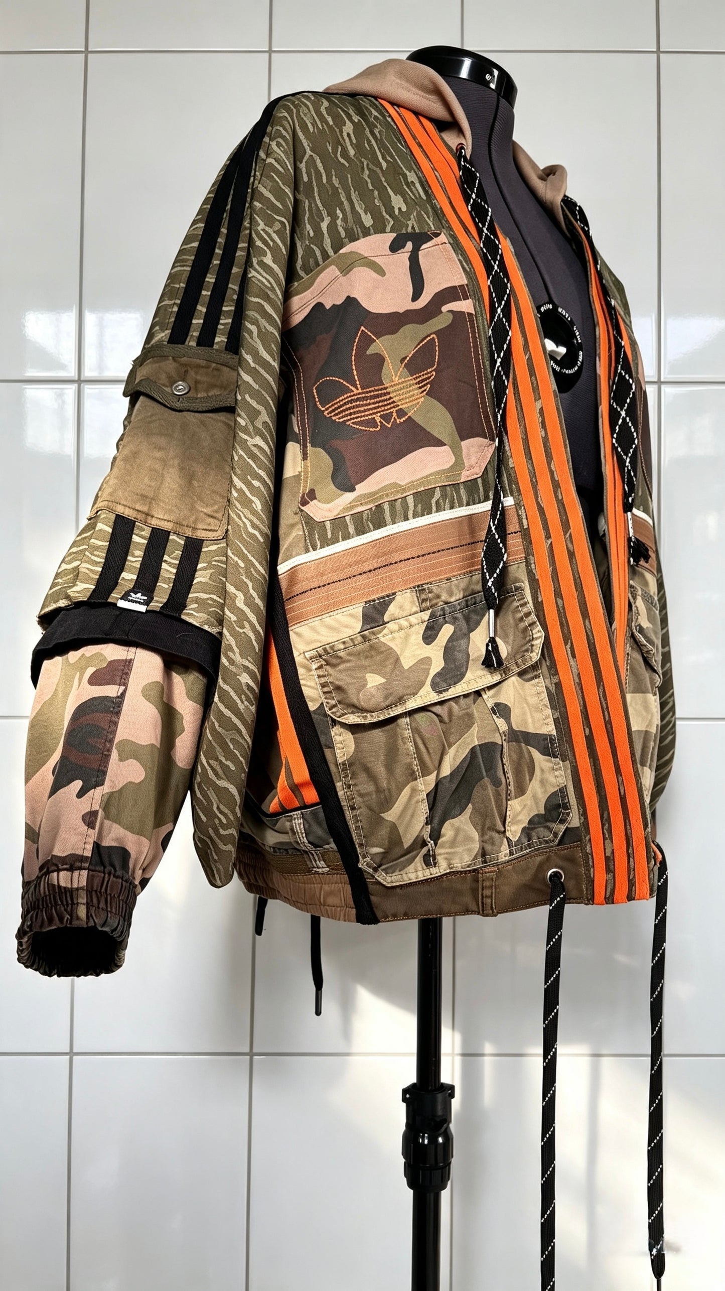 Kimono with Camo print Khaki orange trim Utility pockets and hood