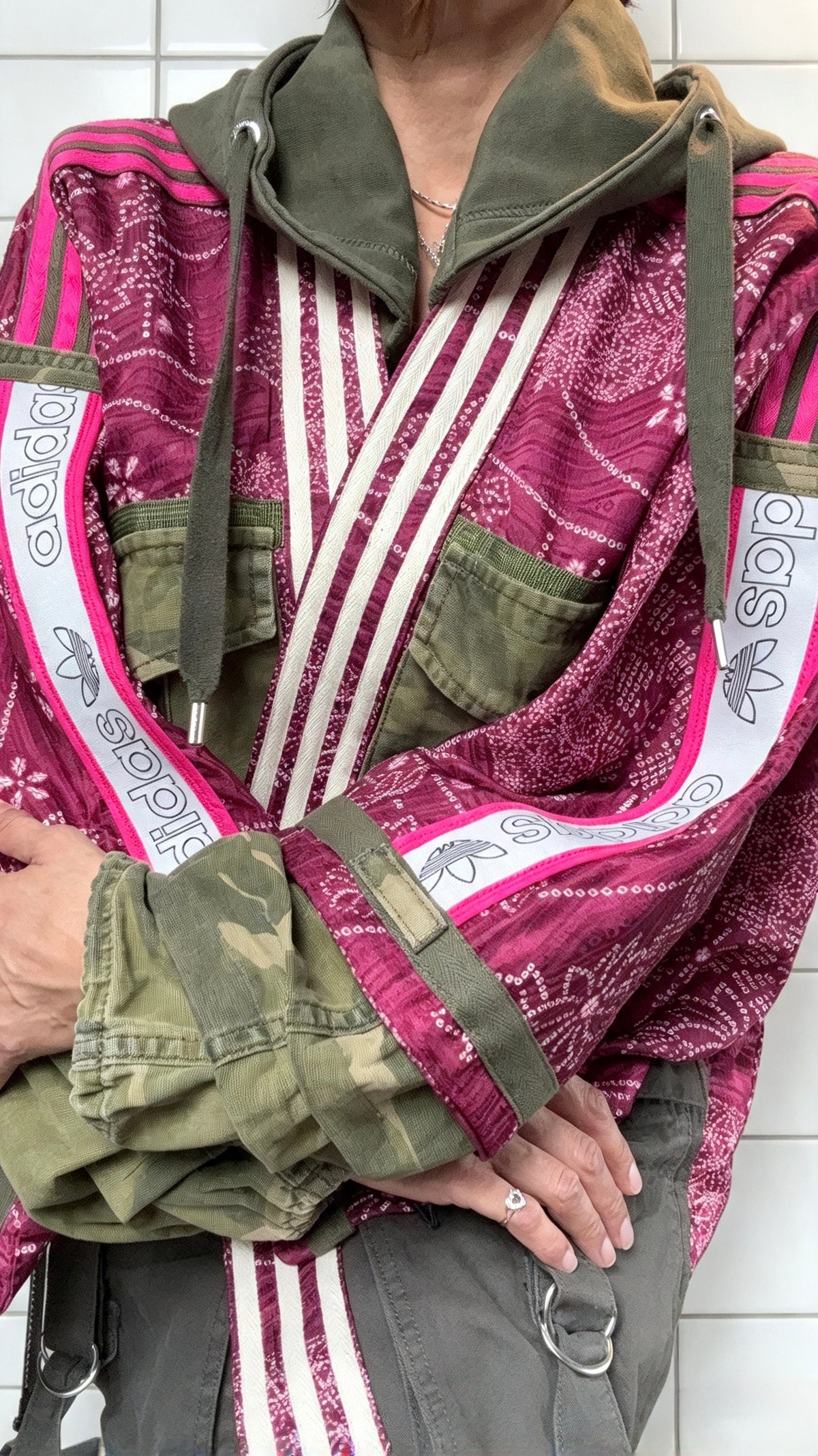 Burgundy Kimono Adidas logo - khaki hooded