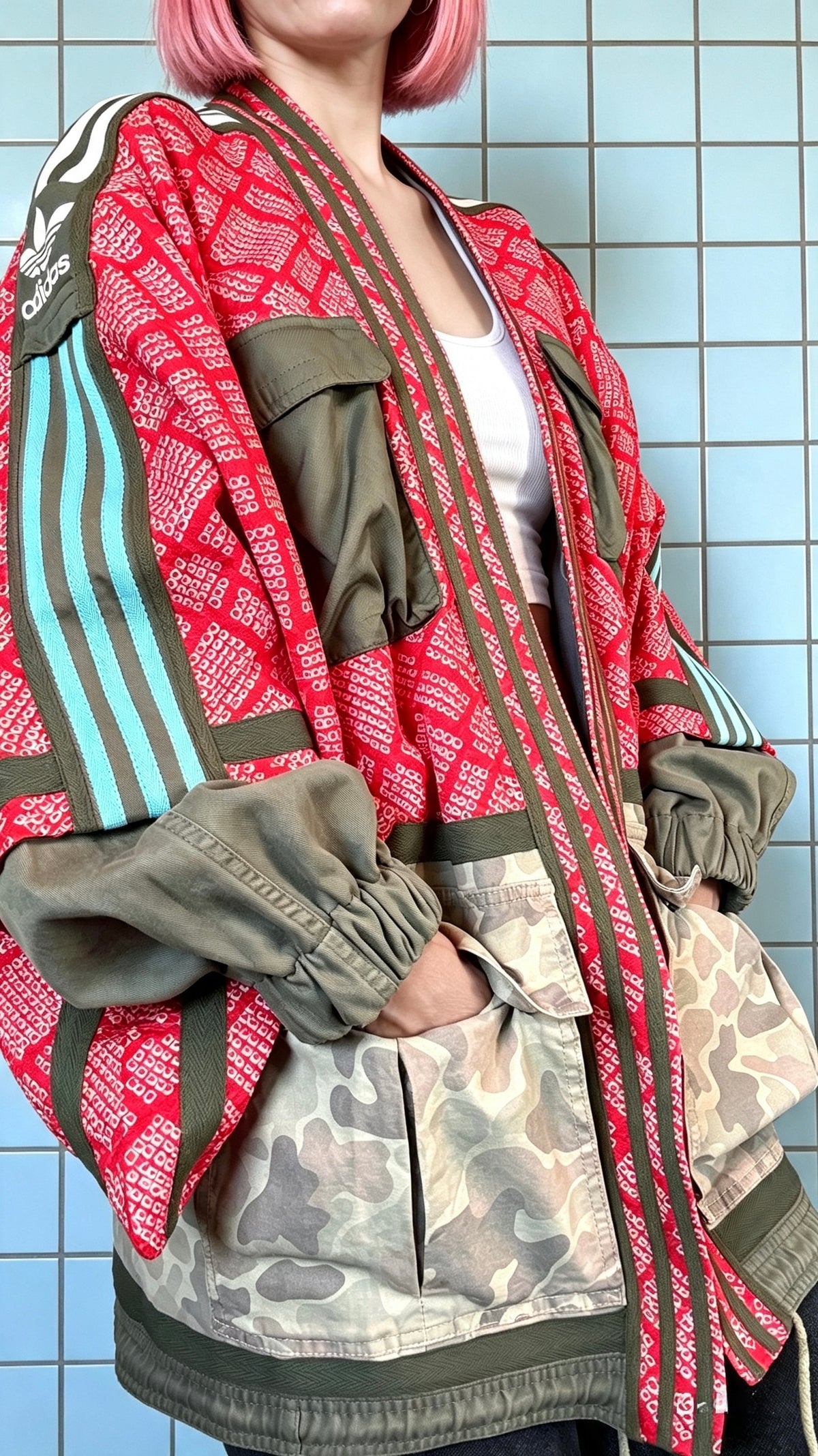 Red Haori kimono with camo utility detailing