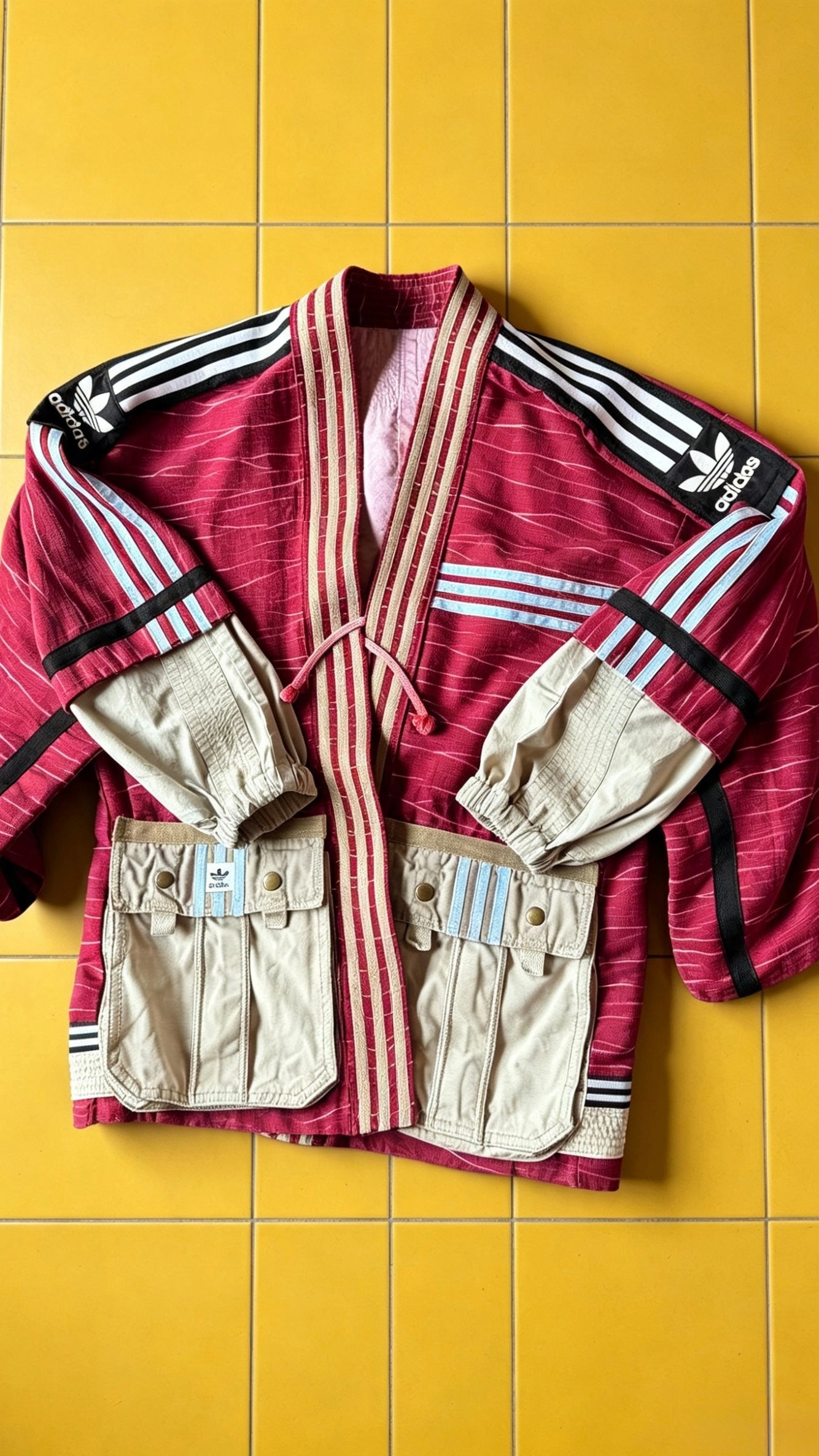 Deep Red Soft Washed Silk Kimono Cargo Jacket | Handmade Reworked Adidas Luxury Streetwear