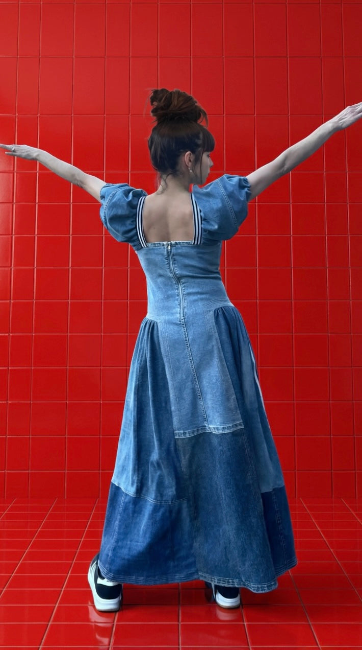 Reworked Adidas Denim Dress, Puff Sleeve Patchwork Dress, Upcycled Jeans Dress, 3 Stripe Detail, One of a Kind