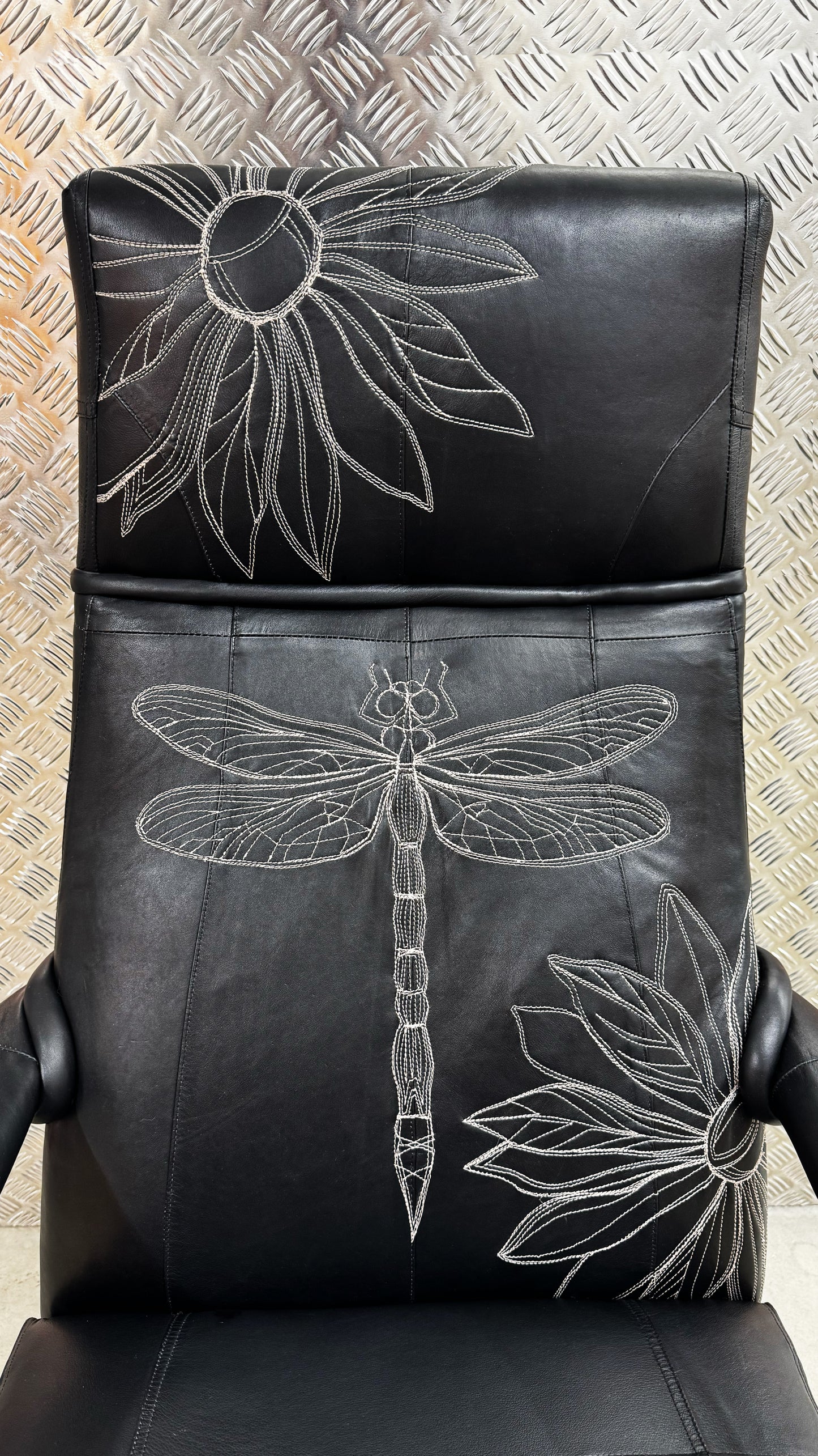 Parker Knoll- Black Leather-dragonfly and floral embroidery
