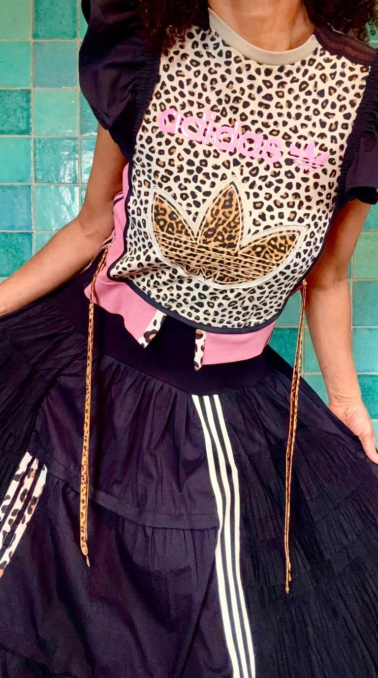 Adidas Reworked Leopard Bib Dress | Layered Tulle Maxi Dress | Pink Logo Statement Dress | Upcycled Adidas Festival Dress