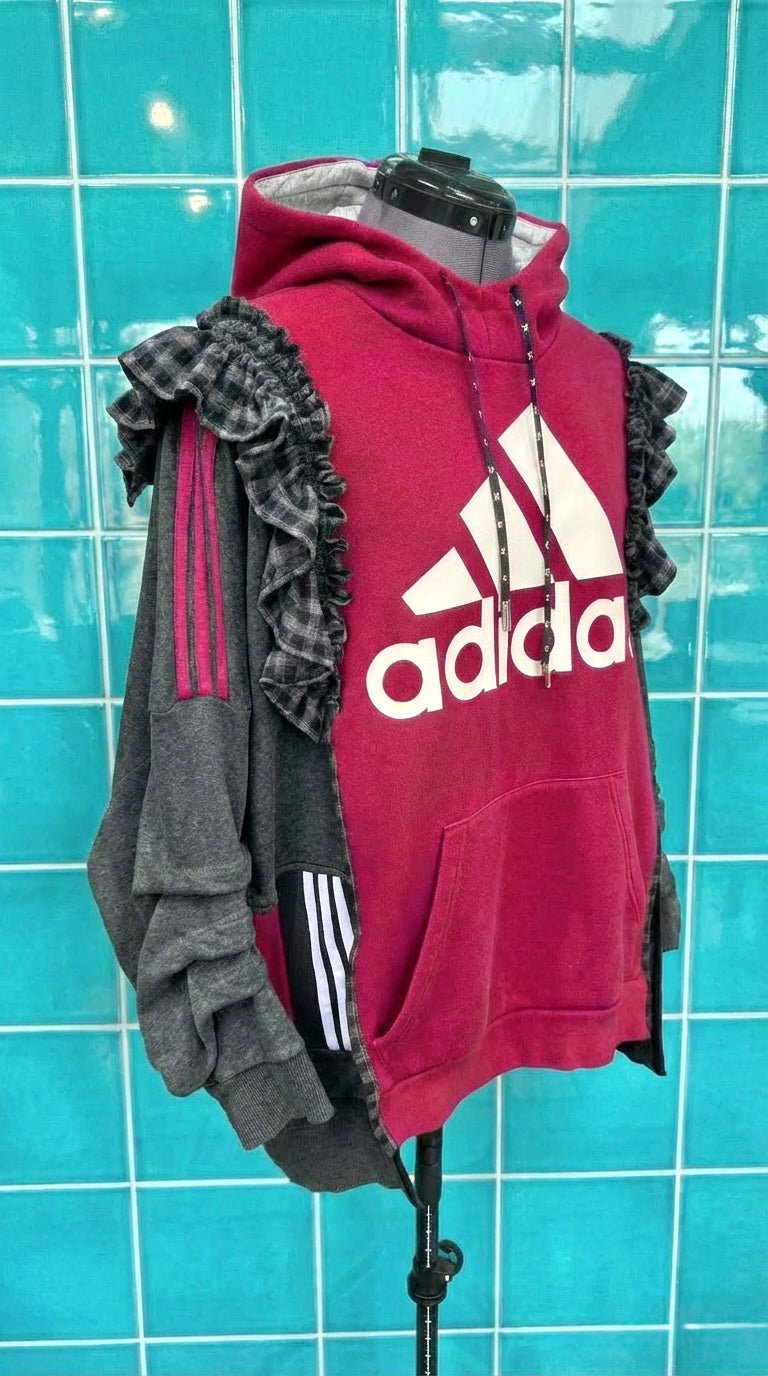 Adidas Reworked hoodie-smiley face reverse applique detail, gingham frill on sleeve grey and burgundy