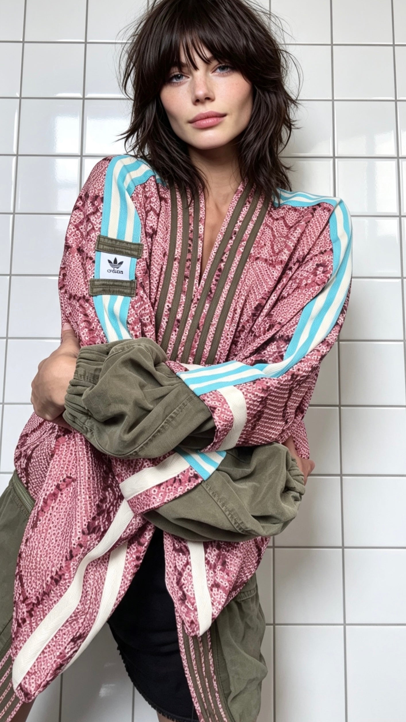 Dusky Pink Kimono with Olive green cargo pocket and blue stripeDusky Pink Textured Silk Kimono Cargo Jacket | Reworked Designer-Inspired Statement Piece