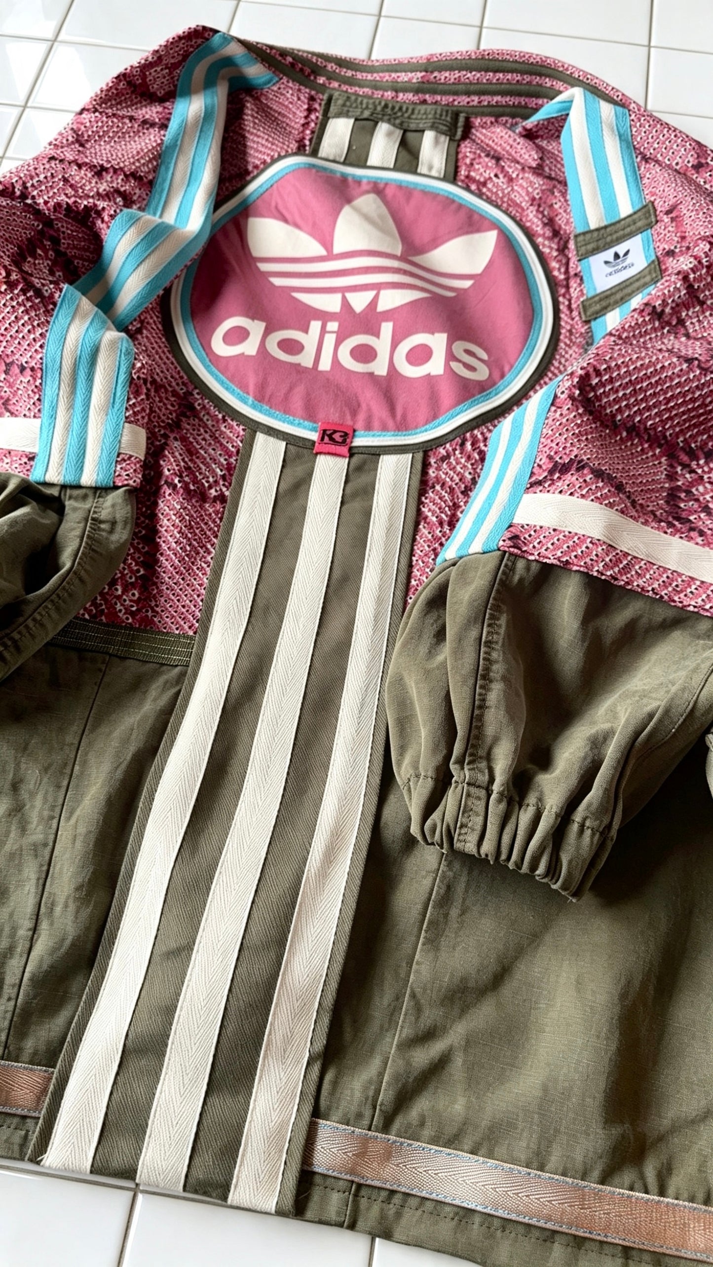 Dusky Pink Kimono with Olive green cargo pocket and blue stripeDusky Pink Textured Silk Kimono Cargo Jacket | Reworked Designer-Inspired Statement Piece