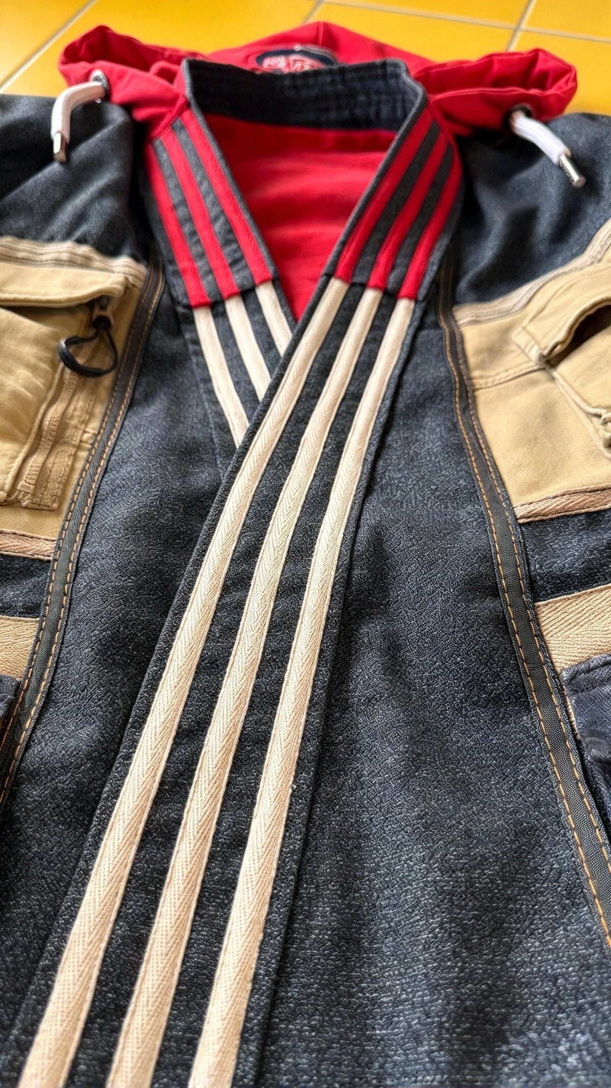 Oversized Wool Adidas Kimono – Hooded Retro Patchwork Utility Coat BLUE & RED