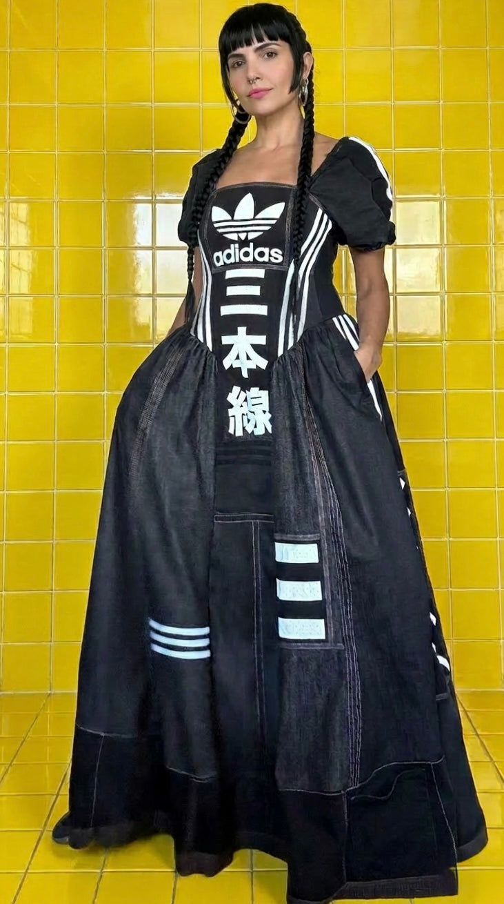 Adidas Reworked Corset Maxi Dress | Monochrome Sports Luxe Statement Dress | Upcycled One-Off Piece