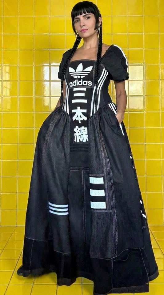 Adidas Reworked Corset Maxi Dress | Monochrome Sports Luxe Statement Dress | Upcycled One-Off Piece