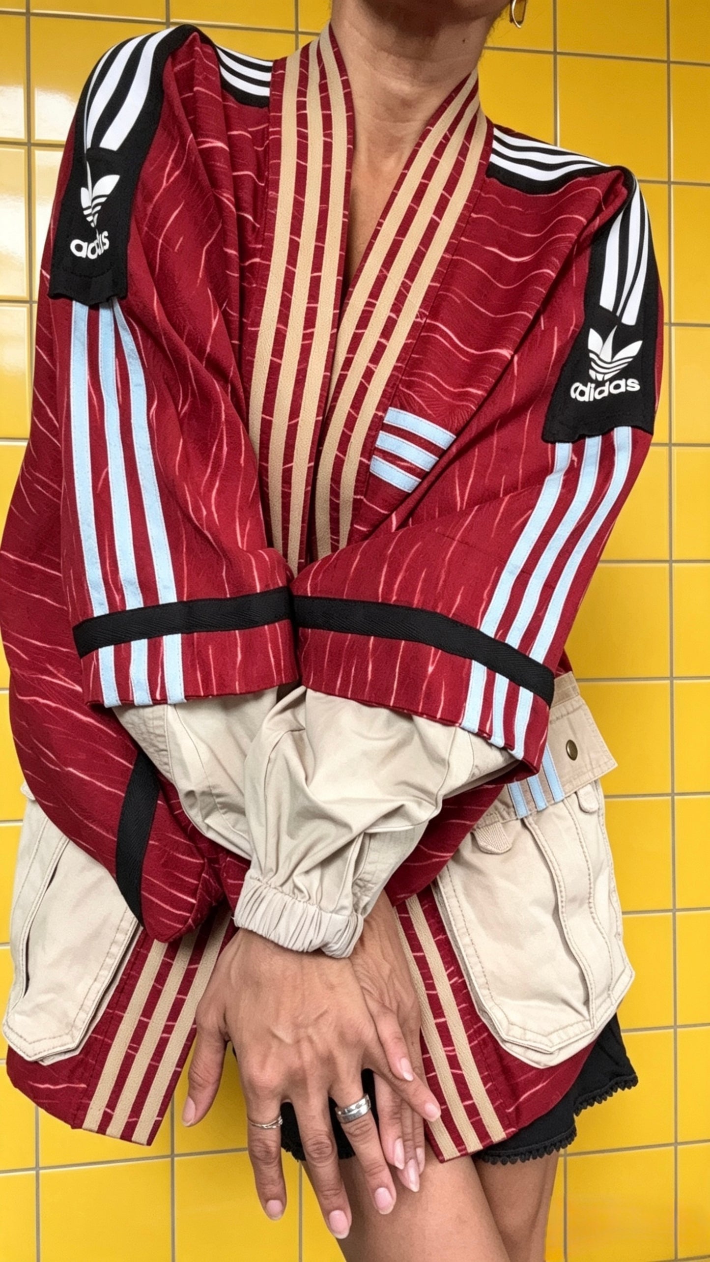 Deep Red Soft Washed Silk Kimono Cargo Jacket | Handmade Reworked Adidas Luxury Streetwear