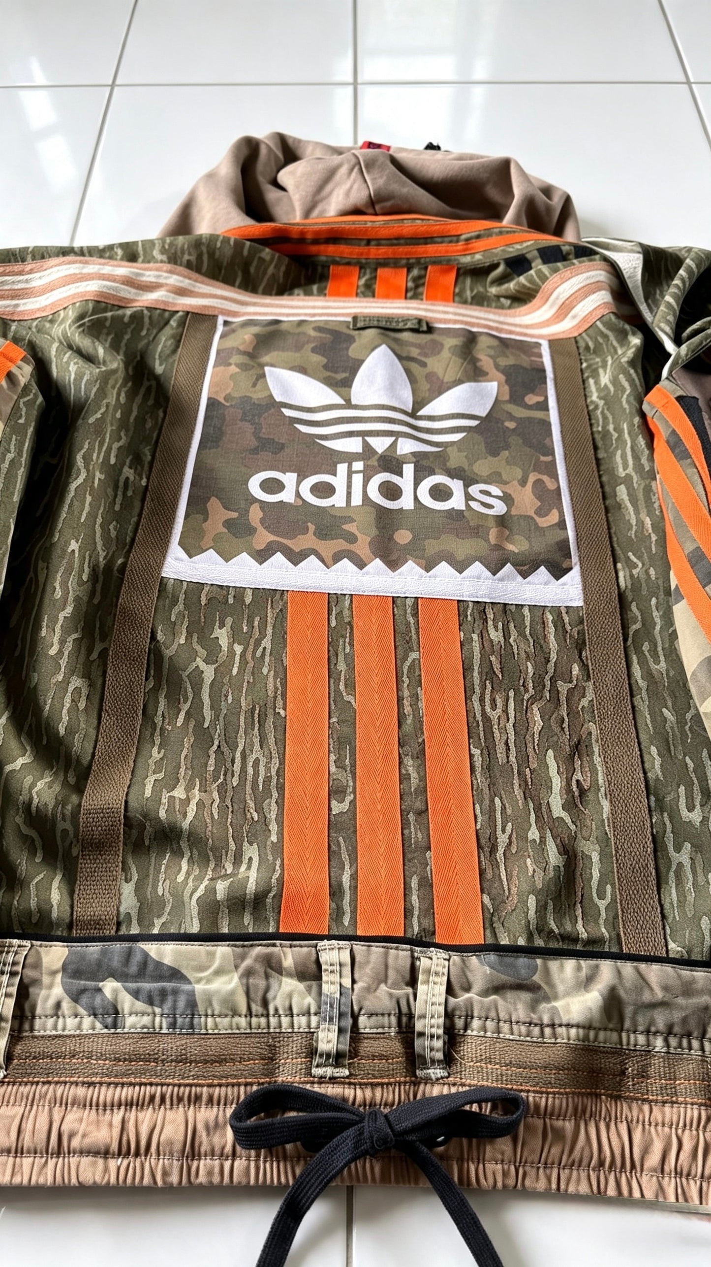 Kimono with Camo print Khaki orange trim Utility pockets and hood