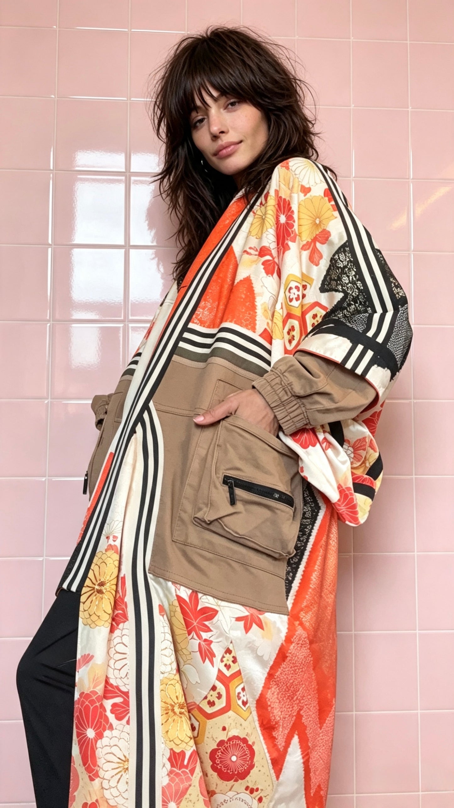 One-of-a-Kind Reworked Silk longline Kimono Cargo Jacket