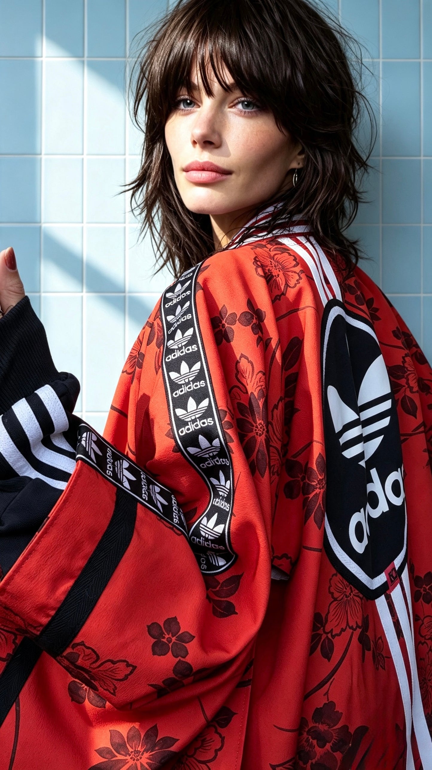 Deep Orange Floral Silk Kimono — Adidas Rework