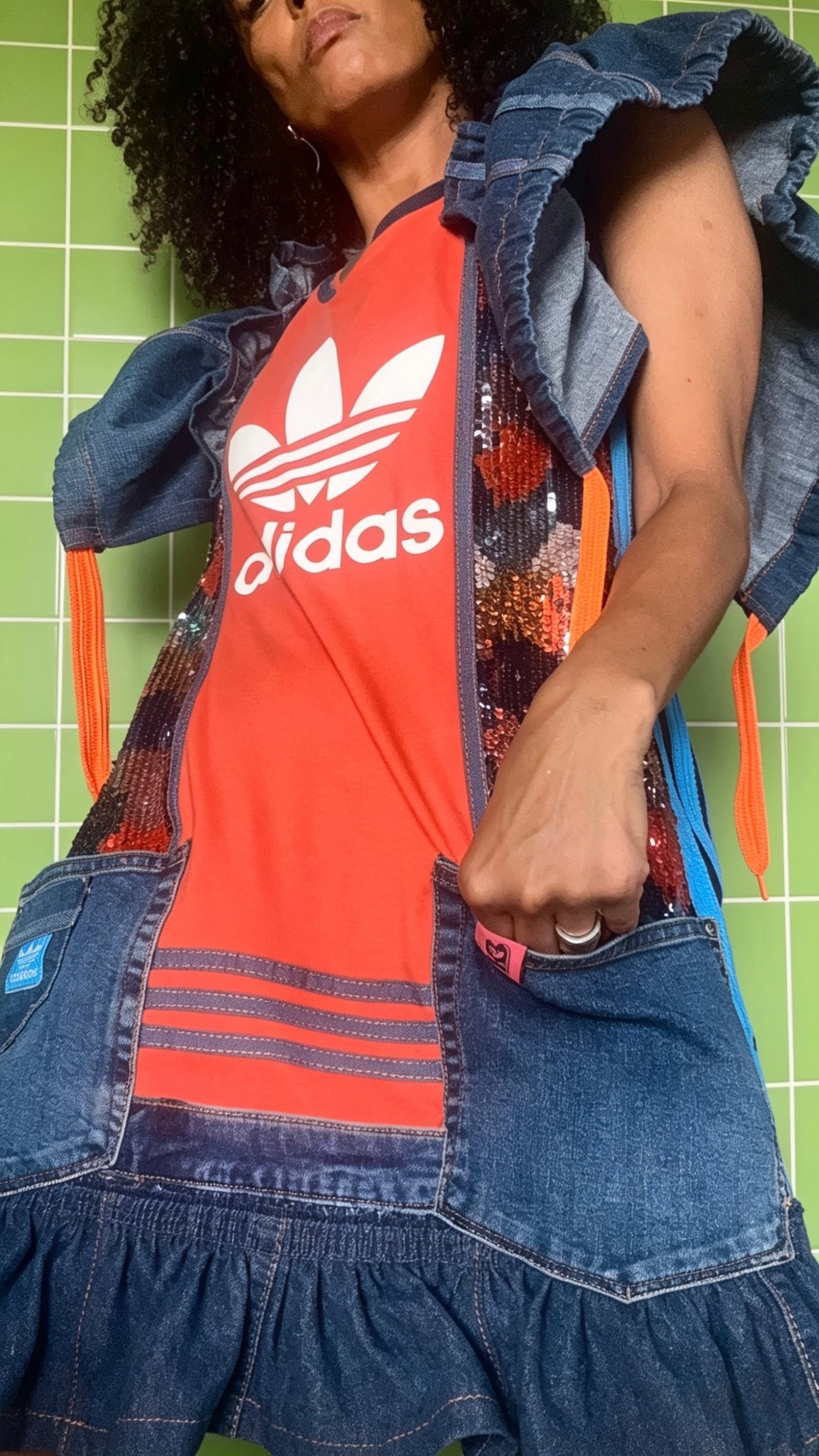 Reworked Adidas Denim & Sequin Mini Dress/adidas | Festival Dress | Puff Sleeve | One of a Kind Upcycled Fashion