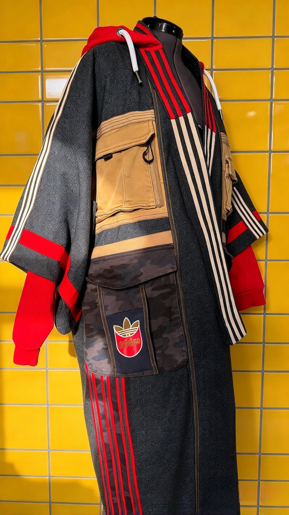 Oversized Wool Adidas Kimono – Hooded Retro Patchwork Utility Coat BLUE & RED