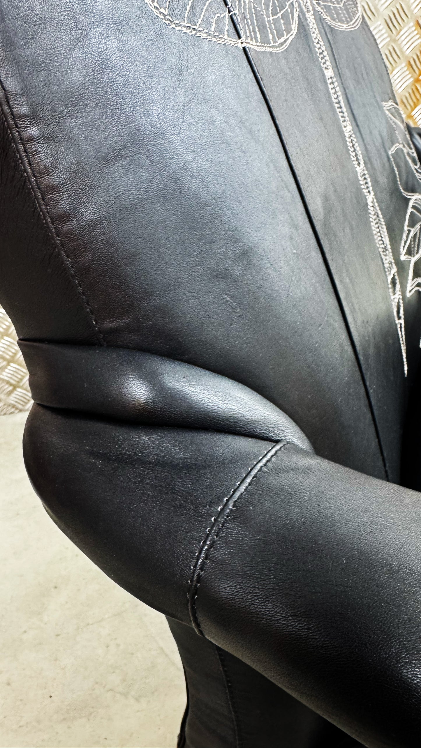 Parker Knoll- Black Leather-dragonfly and floral embroidery