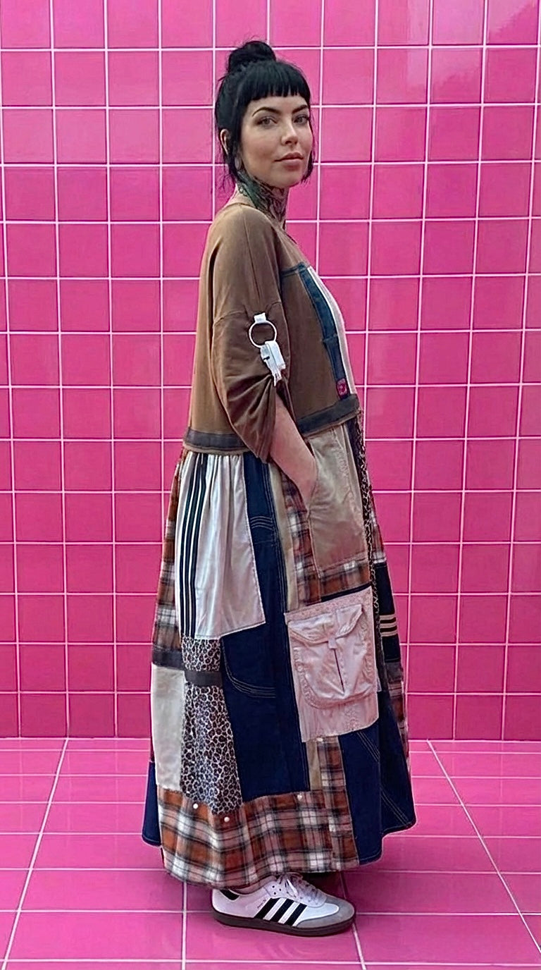 Reworked Adidas Patchwork Dress – Check, Denim & Tencel Dress, Upcycled Adidas Streetwear Dress, One of a Kind Casual Dress with Pockets