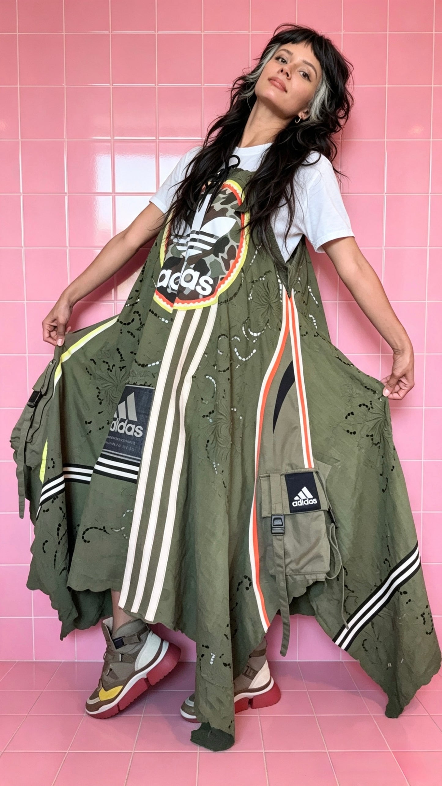 Khaki Camo Adidas Lace Dress | Handmade Upcycled Festival Dress | One Size Utility Swing Dress