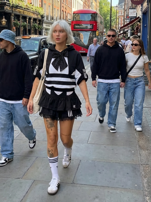 Mono Adidas hoodie and layered skirt.