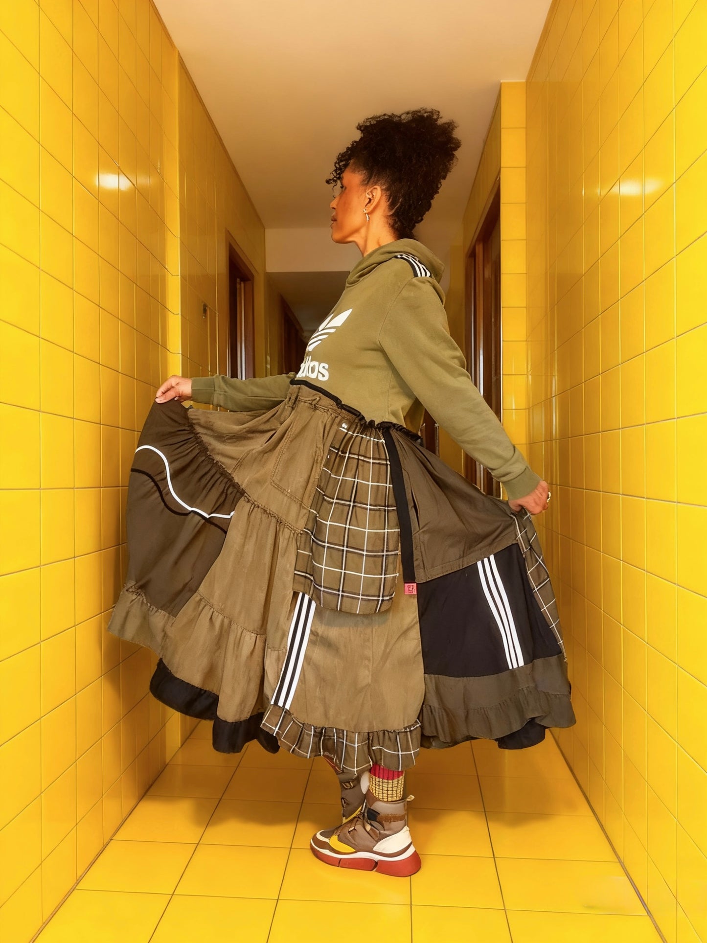 Adidas-khaki patchwork, check and plain hoodie- Handmade