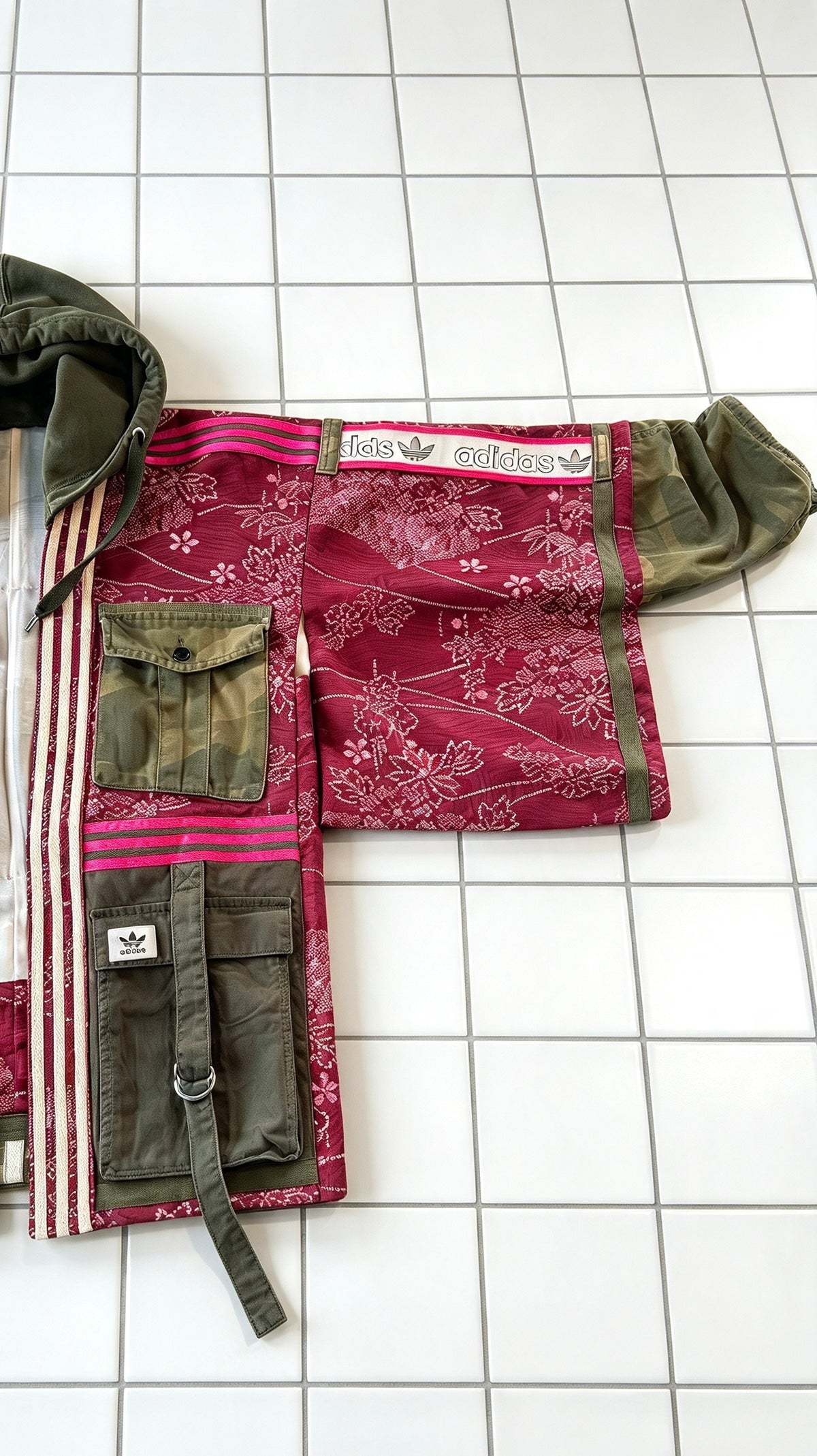 Burgundy Kimono Adidas logo - khaki hooded