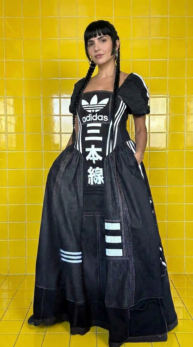 Adidas Reworked Corset Maxi Dress | Monochrome Sports Luxe Statement Dress | Upcycled One-Off Piece