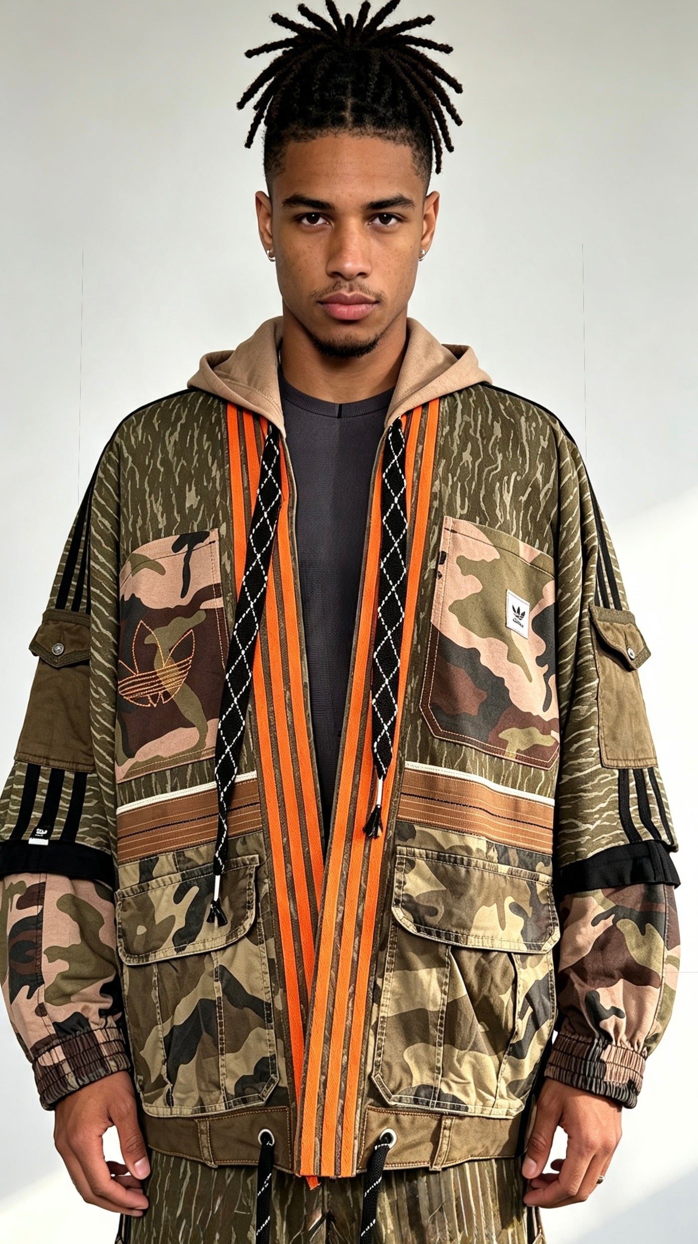 Kimono with Camo print Khaki orange trim Utility pockets and hood