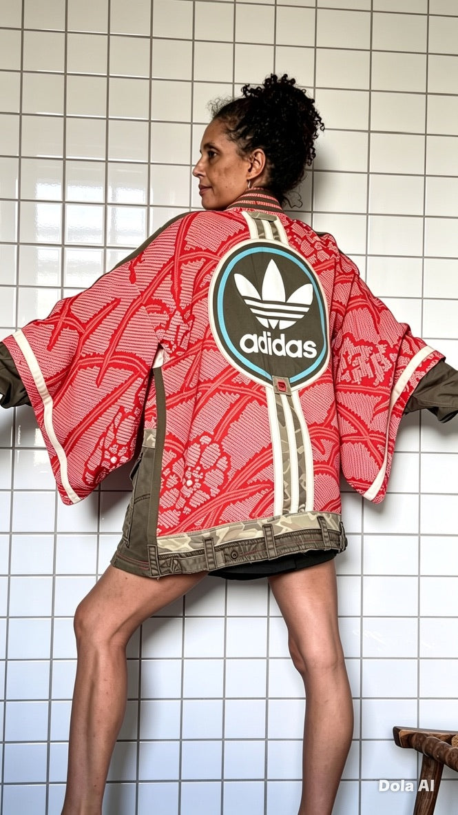 Red & Khaki Kimono silk