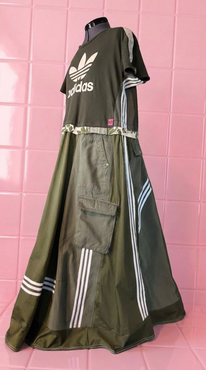 Reworked Adidas Khaki Green Maxi Dress | Oversized Trapeze Cargo Dress | 8 Pocket Utility Dress | Stripe Detail | One Size