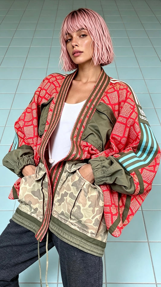 Red Haori kimono with camo utility detailing