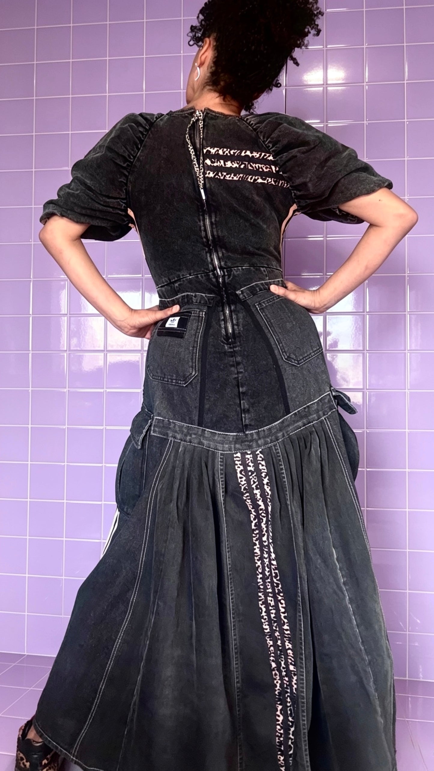 denim corset style dress with leopard adidas logo