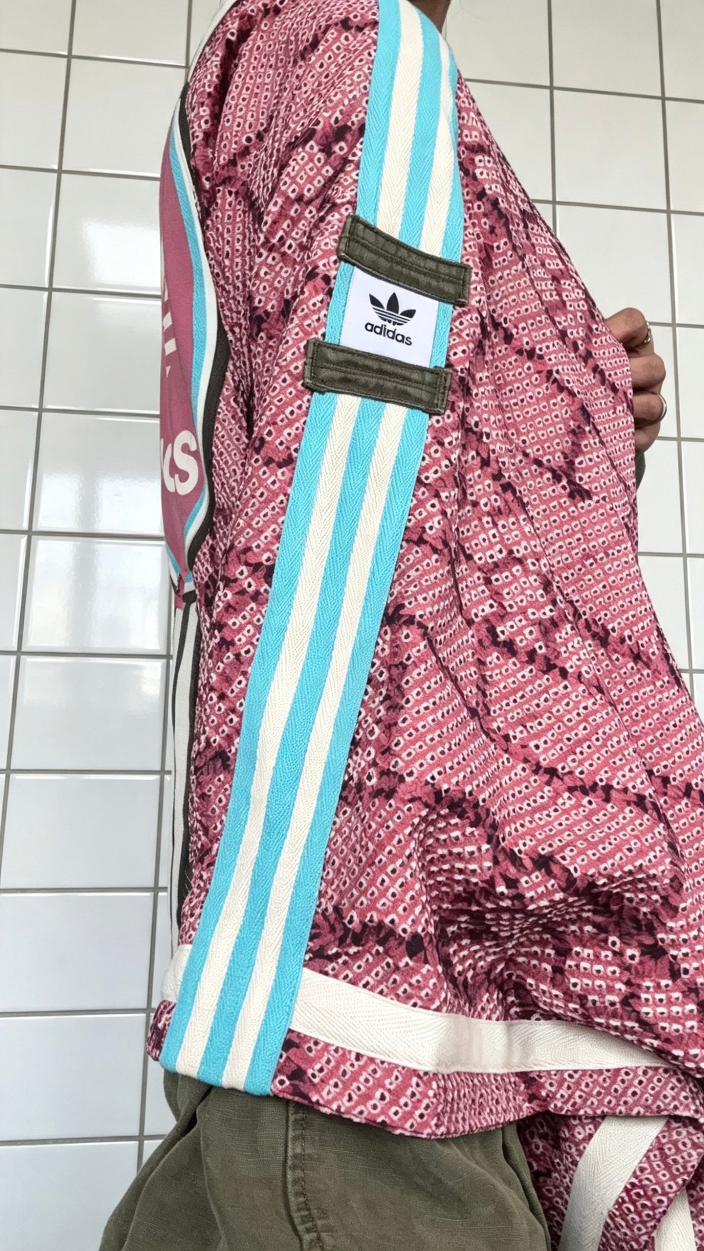 Dusky Pink Kimono with Olive green cargo pocket and blue stripeDusky Pink Textured Silk Kimono Cargo Jacket | Reworked Designer-Inspired Statement Piece