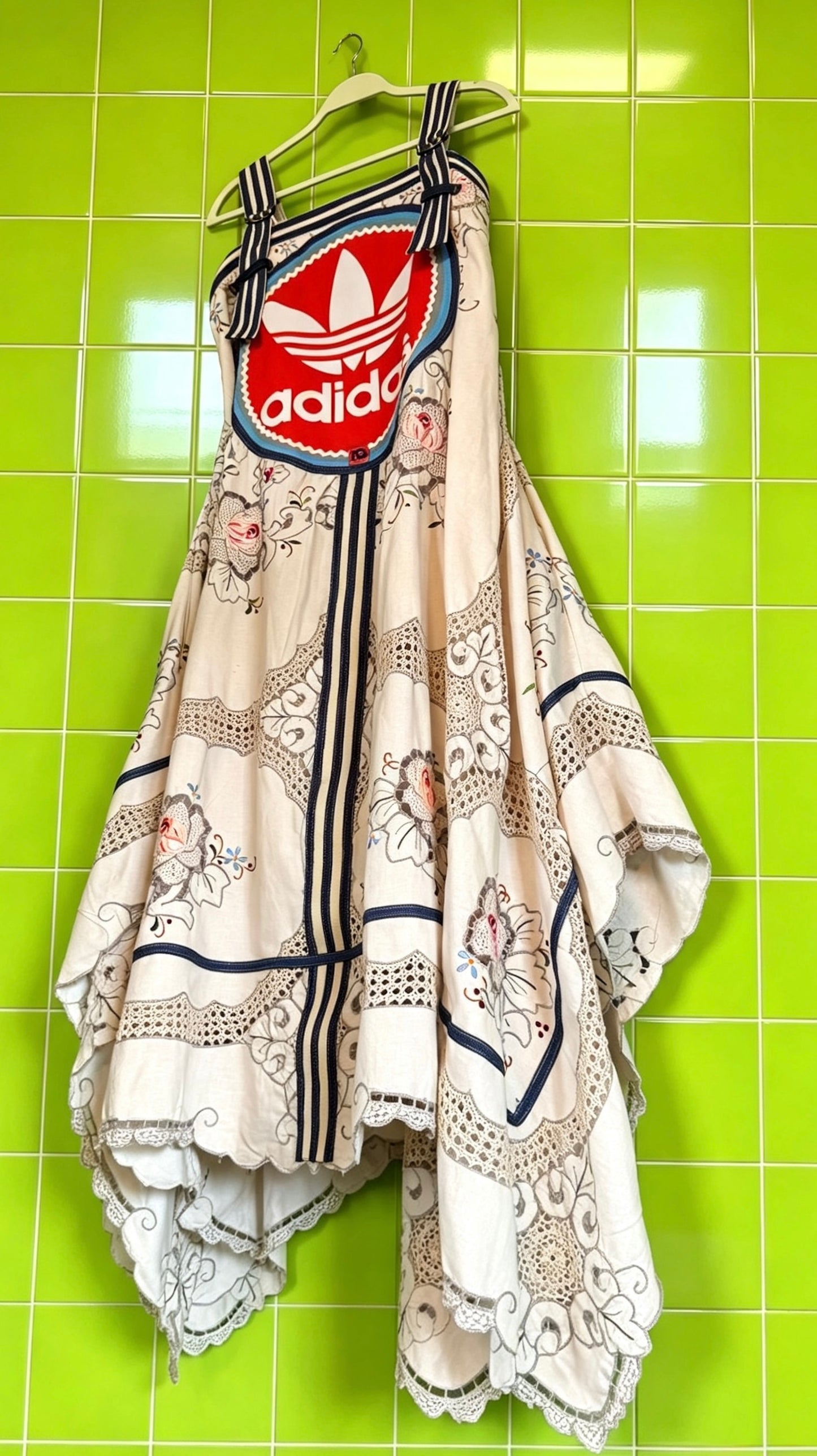 vintage cotton and lace embroidered Adidas logo dress with denim trim