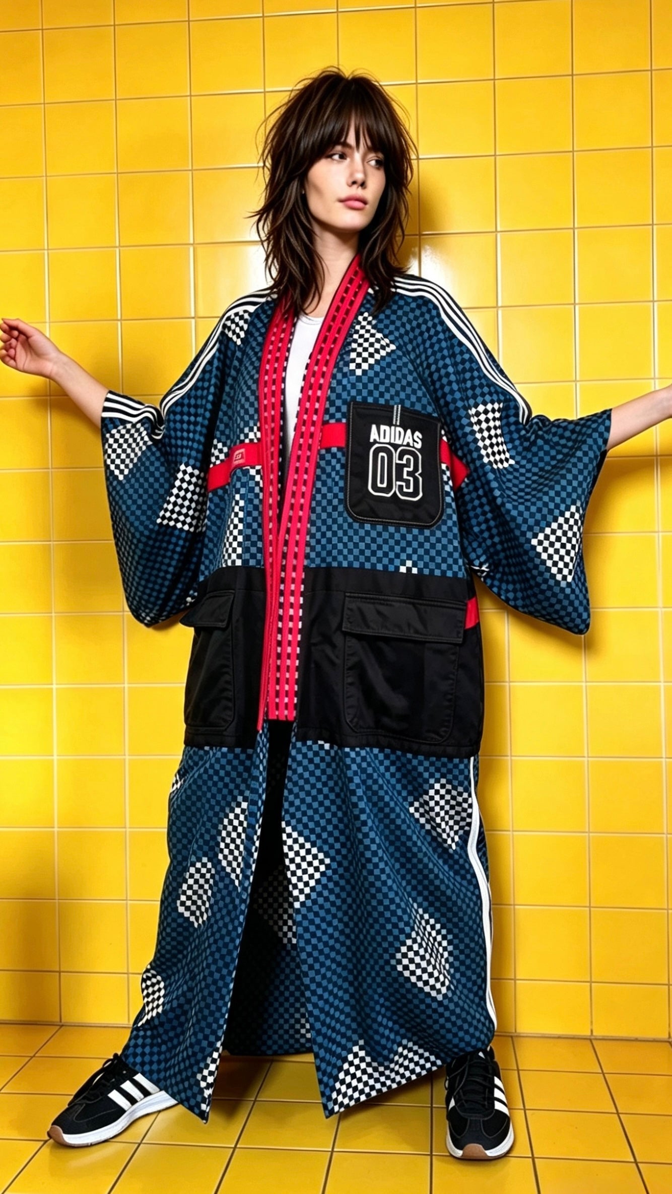 Adidas Reworked Longline Check Kimono-cotton