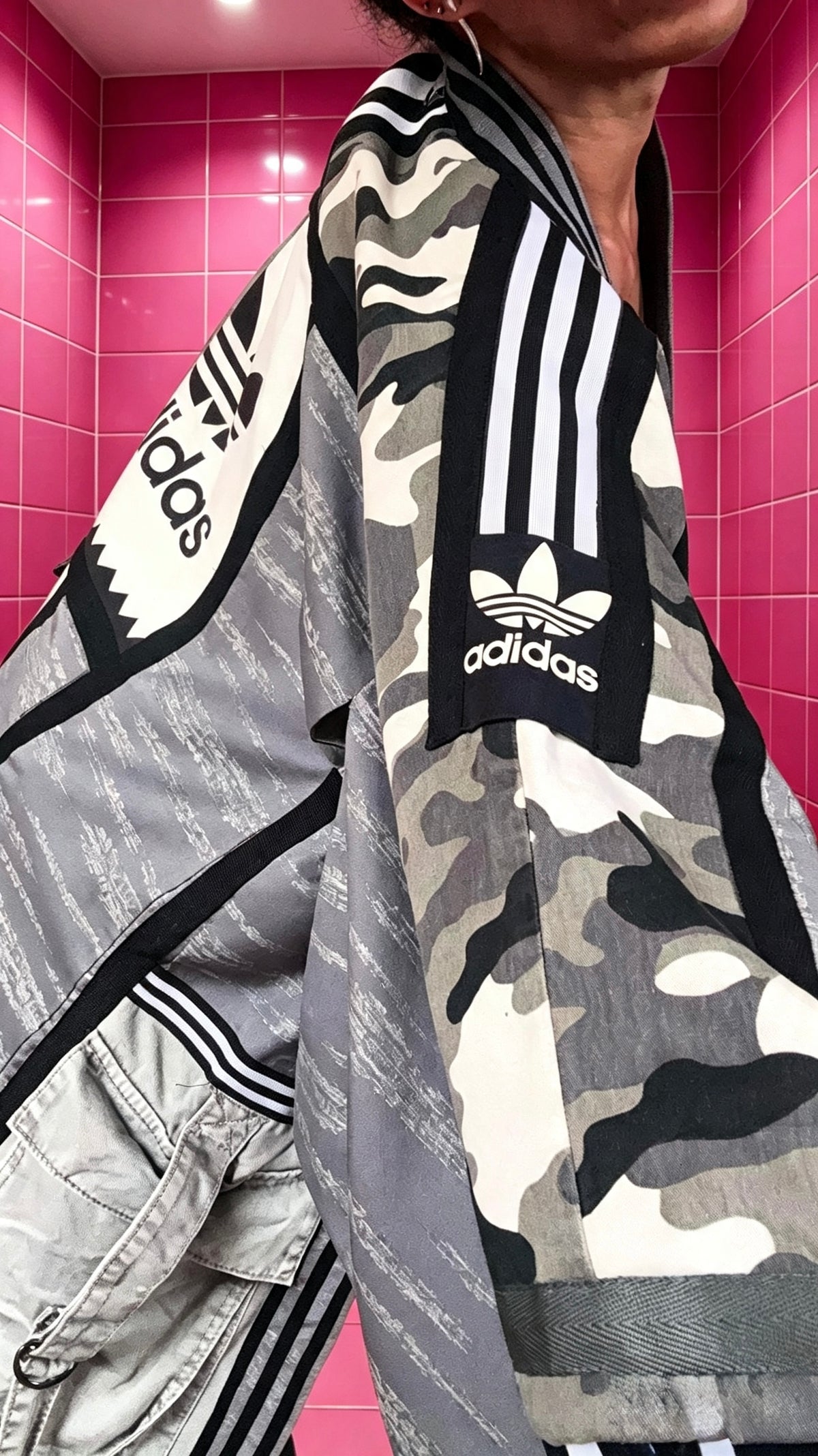 Blue/Grey, Black, White &amp; Grey Haori Kimono with Grey Cargo Detailing