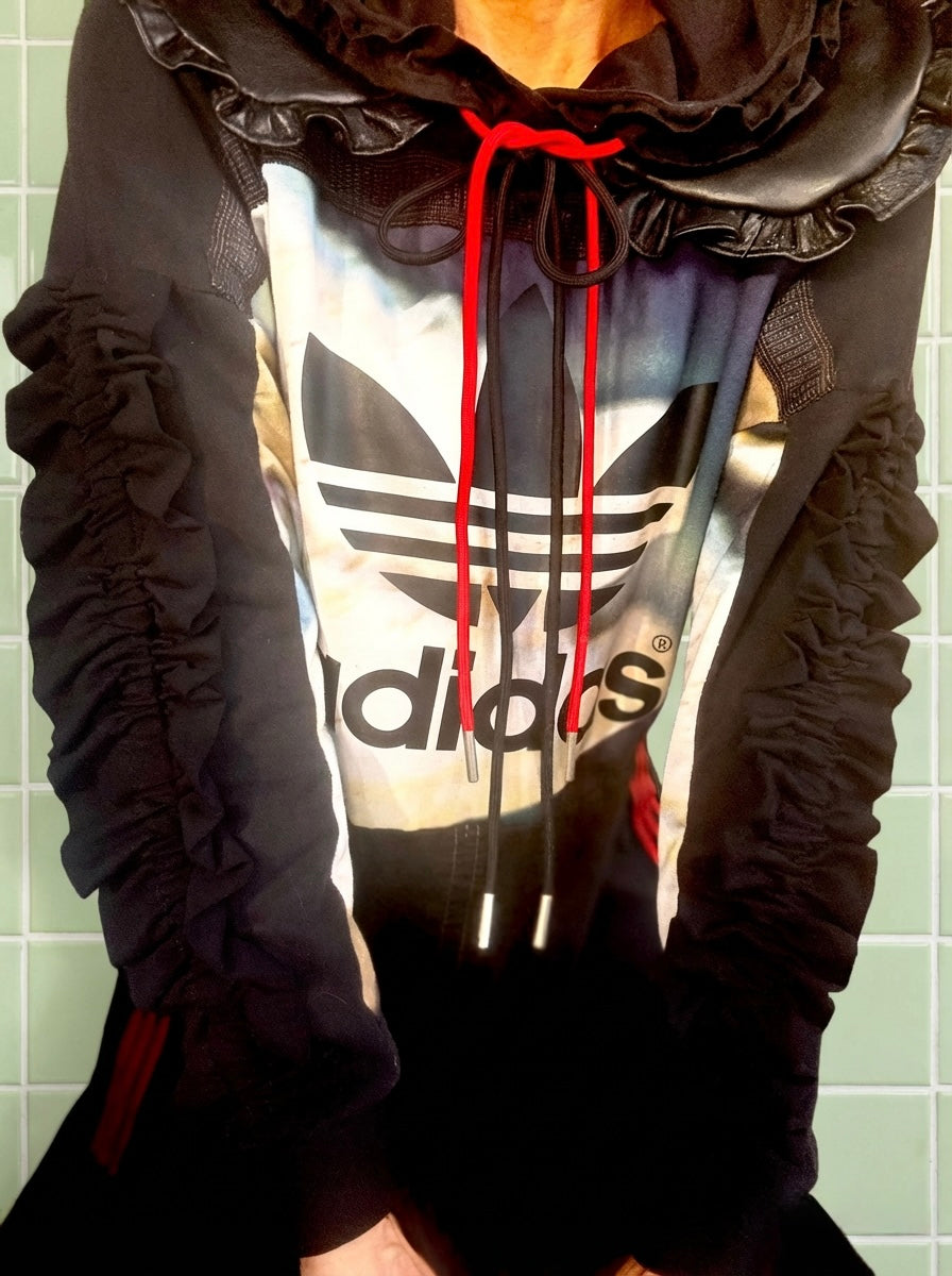 Adidas Hooded dress- reworked with detachable leather collar