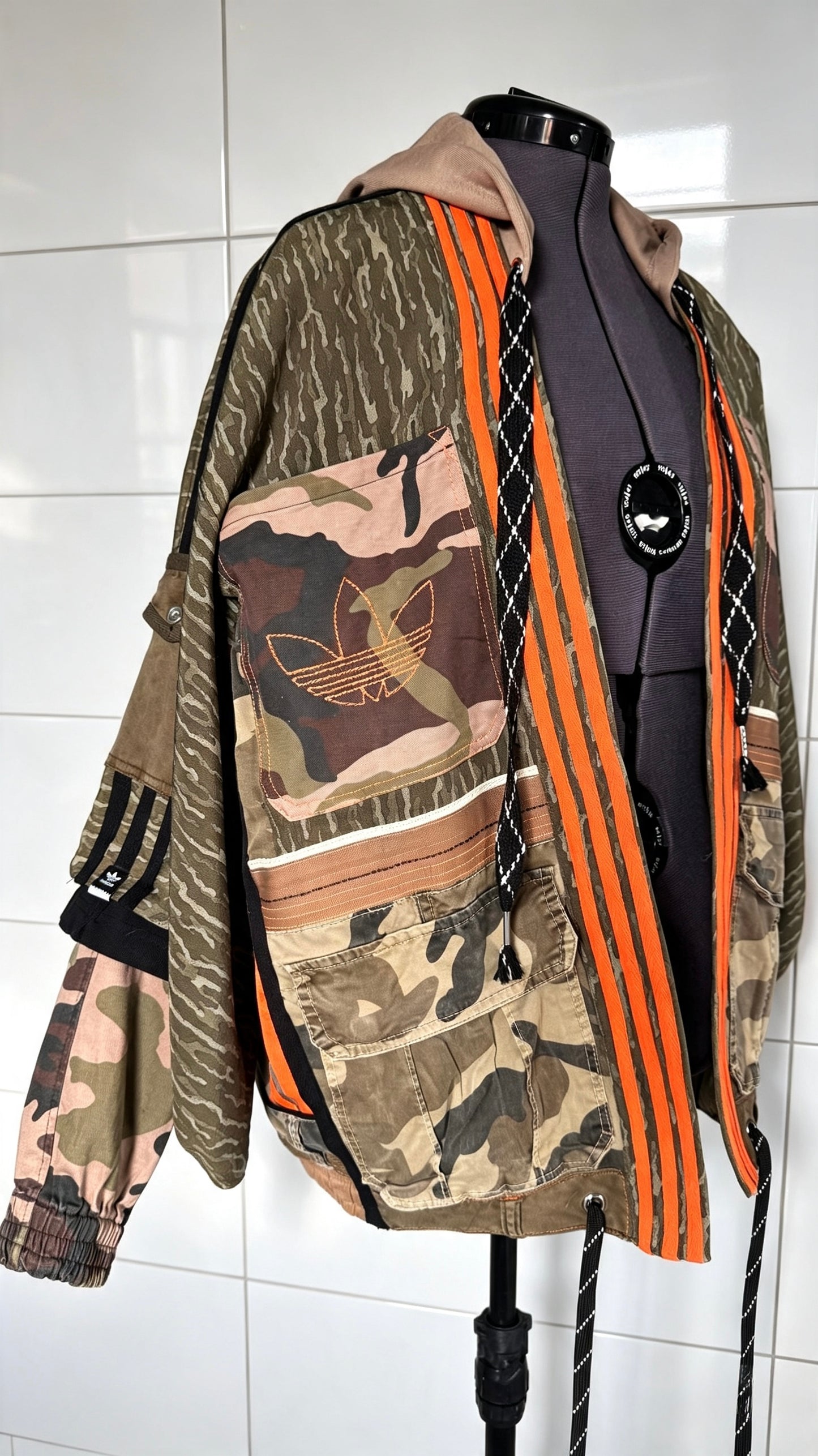 Kimono with Camo print Khaki orange trim Utility pockets and hood