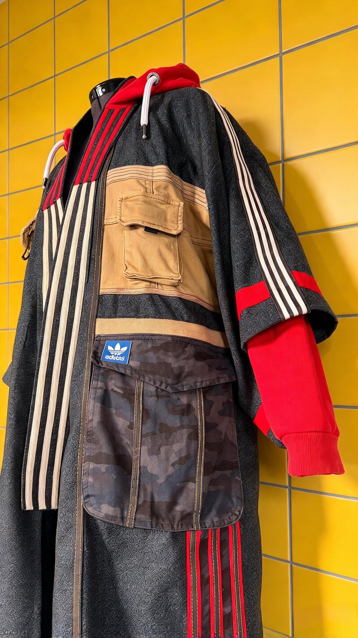 Oversized Wool Adidas Kimono – Hooded Retro Patchwork Utility Coat BLUE & RED