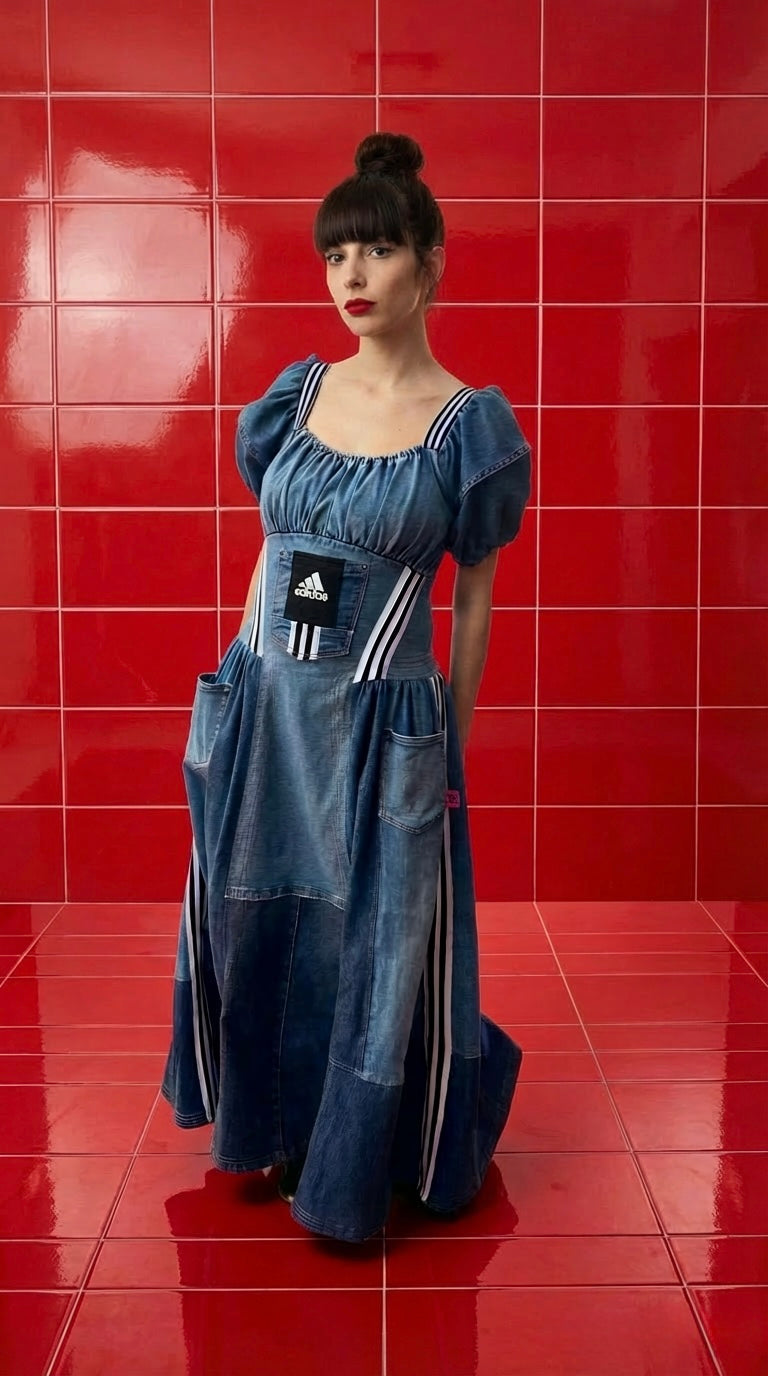 Reworked Adidas Denim Dress, Puff Sleeve Patchwork Dress, Upcycled Jeans Dress, 3 Stripe Detail, One of a Kind