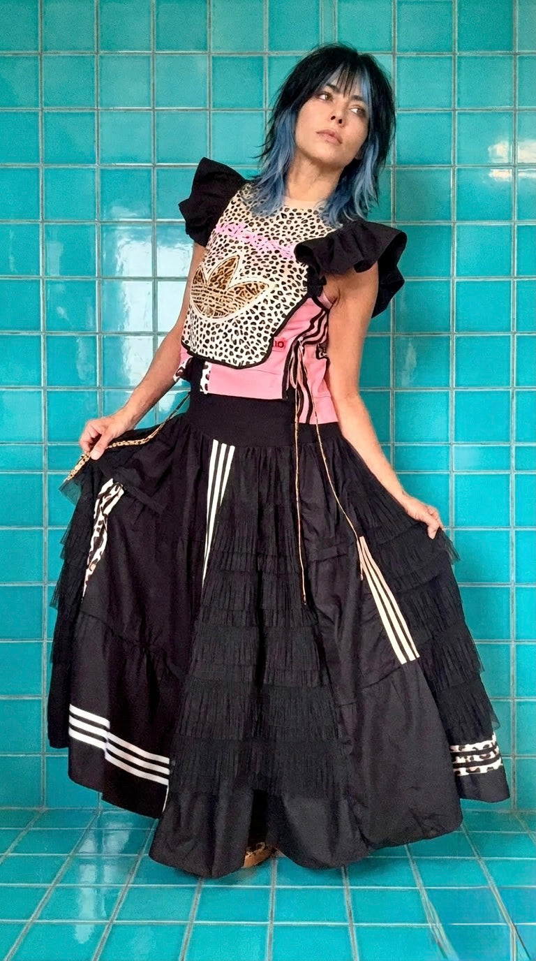 Adidas Reworked Leopard Bib Dress | Layered Tulle Maxi Dress | Pink Logo Statement Dress | Upcycled Adidas Festival Dress