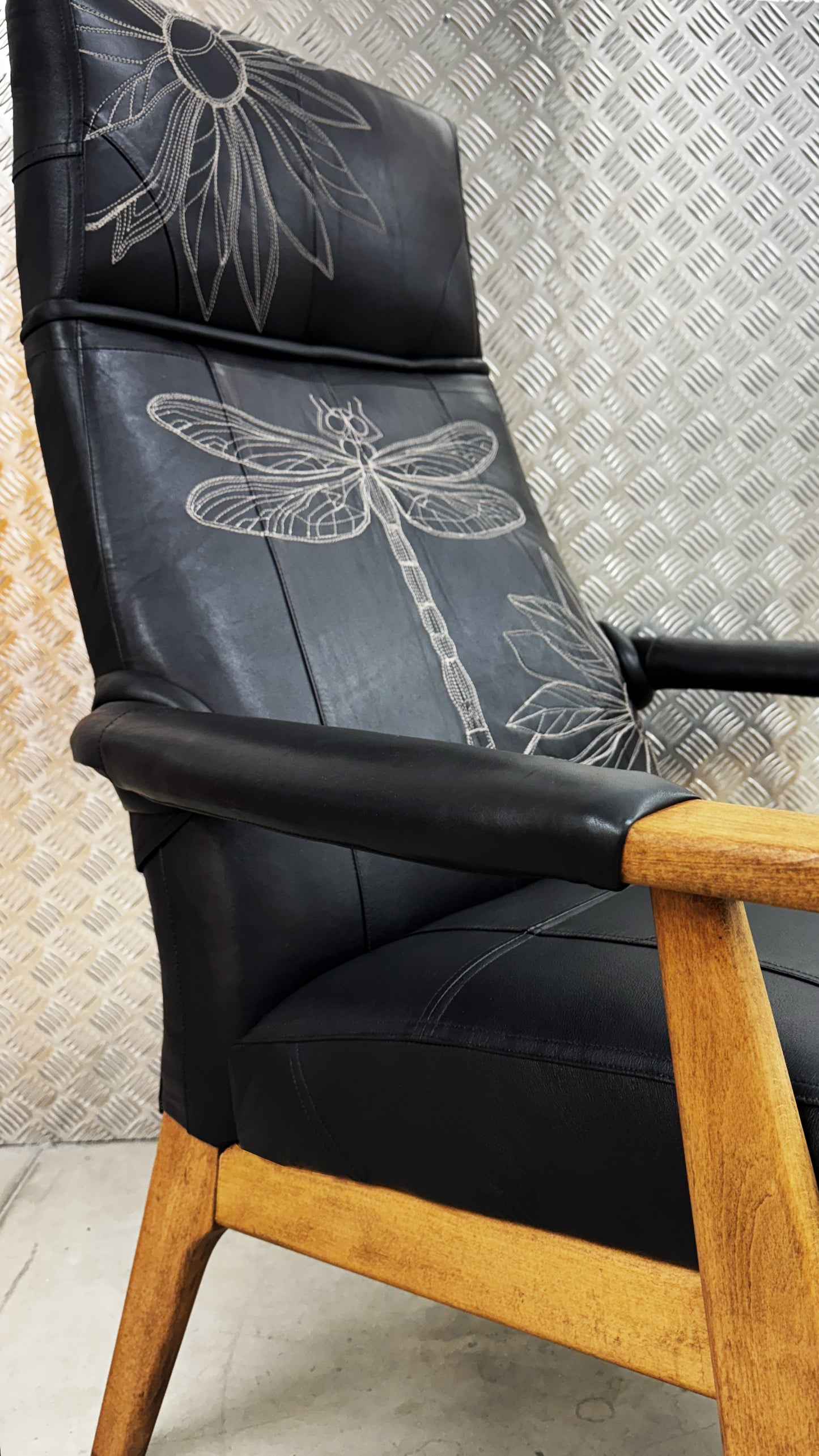 Parker Knoll- Black Leather-dragonfly and floral embroidery