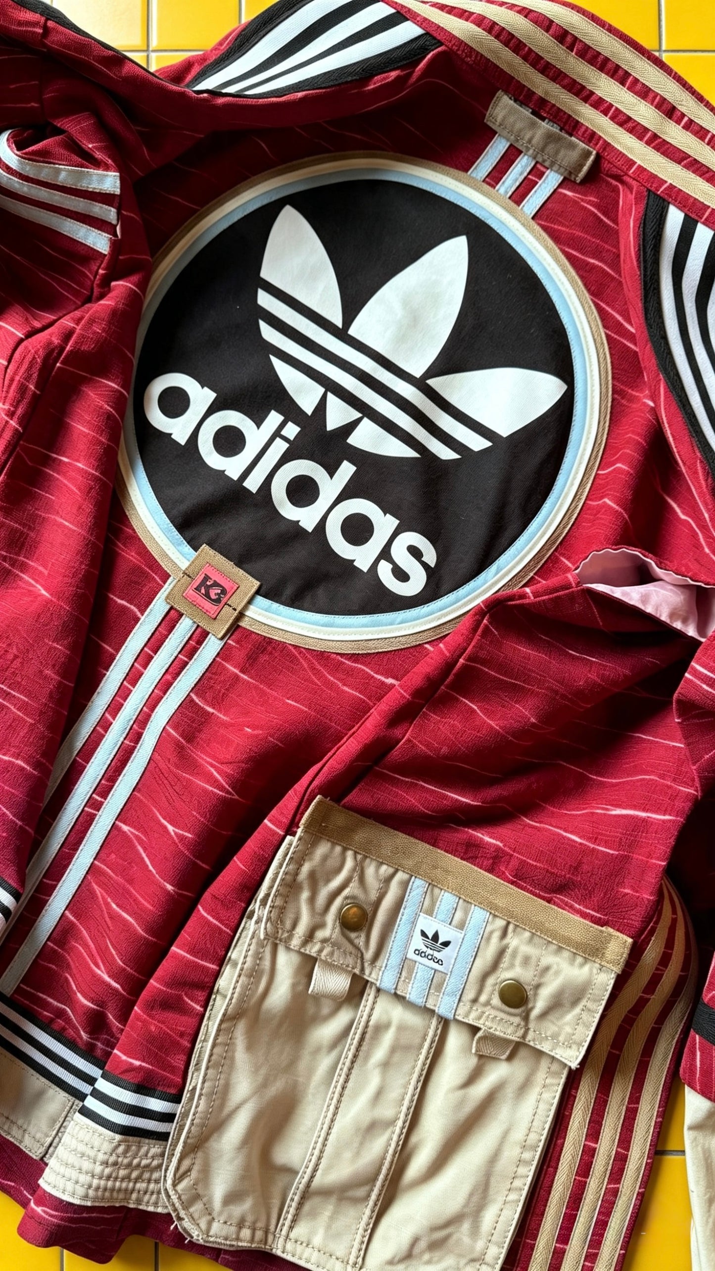 Deep Red Soft Washed Silk Kimono Cargo Jacket | Handmade Reworked Adidas Luxury Streetwear