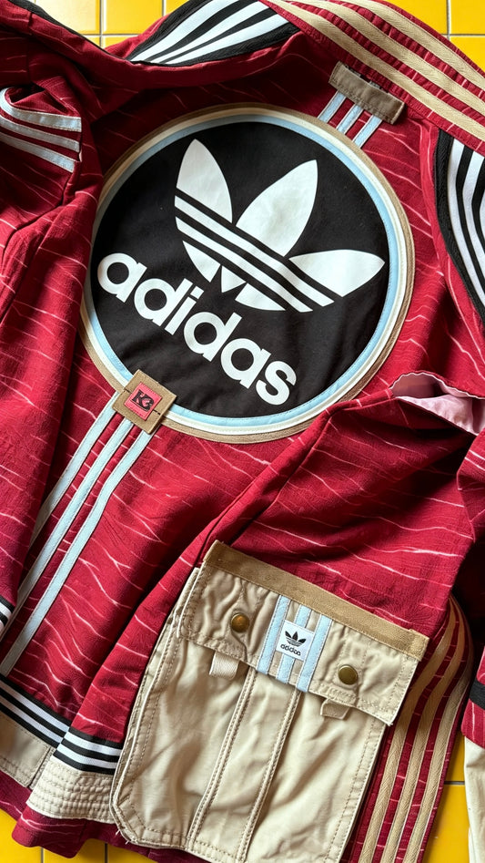 Deep Red Soft Washed Silk Kimono Cargo Jacket | Handmade Reworked Adidas Luxury Streetwear