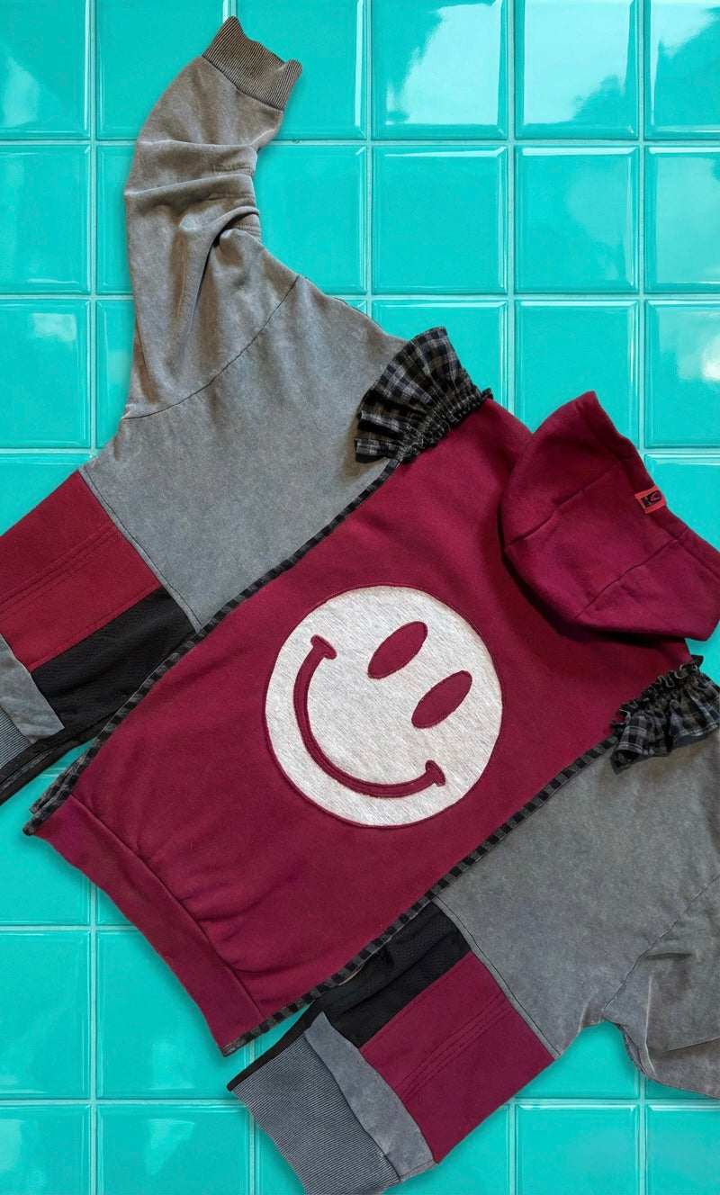 Adidas Reworked hoodie-smiley face reverse applique detail, gingham frill on sleeve grey and burgundy