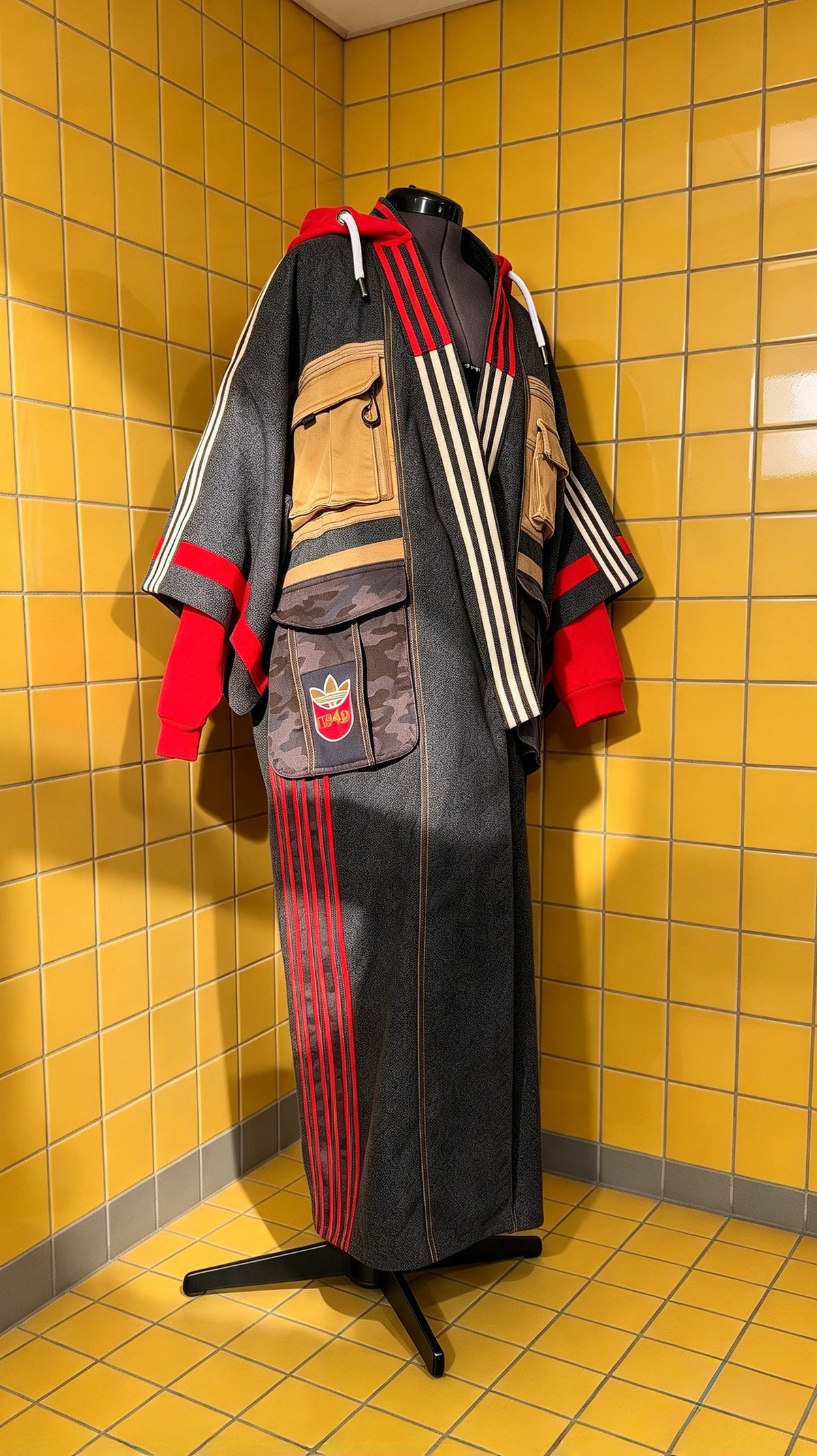Oversized Wool Adidas Kimono – Hooded Retro Patchwork Utility Coat BLUE & RED